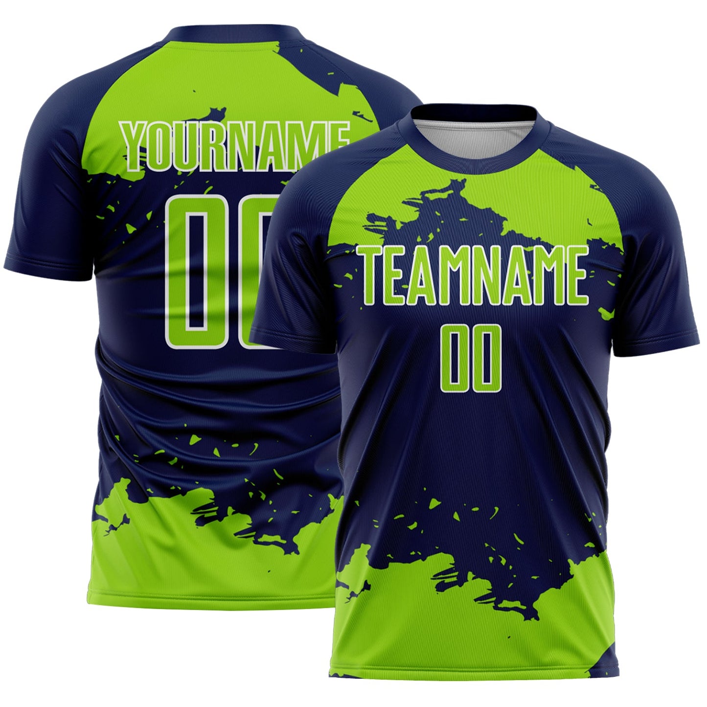 Custom Navy Neon Green-White Abstract Fragment Art Sublimation Soccer Uniform Jersey - Main View