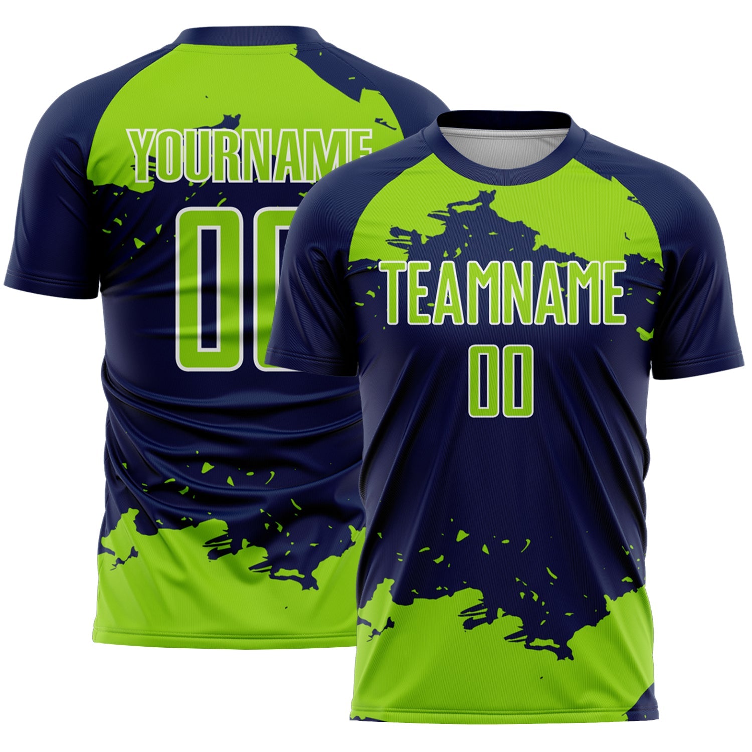 Custom Navy Neon Green-White Abstract Fragment Art Sublimation Soccer Uniform Jersey - Main View