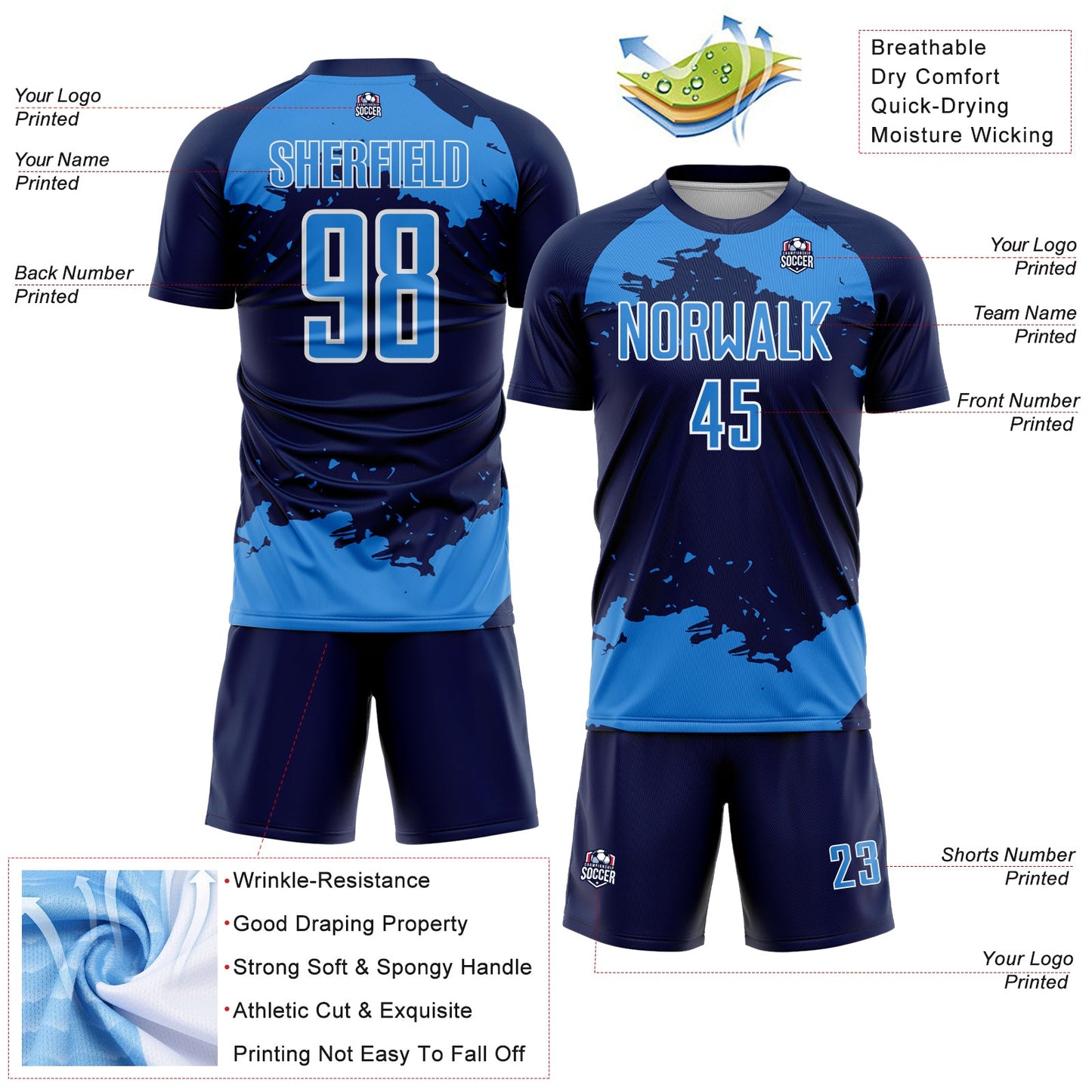 Custom Navy Powder Blue-White Abstract Fragment Art Sublimation Soccer Uniform Jersey view 4