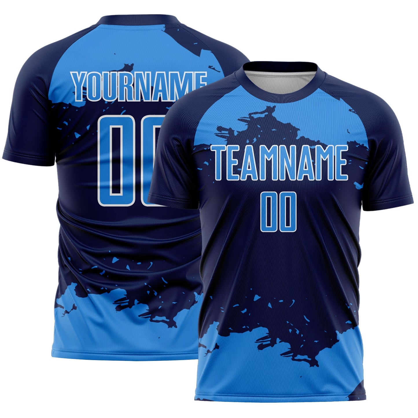 Custom Navy Powder Blue-White Abstract Fragment Art Sublimation Soccer Uniform Jersey - Main View