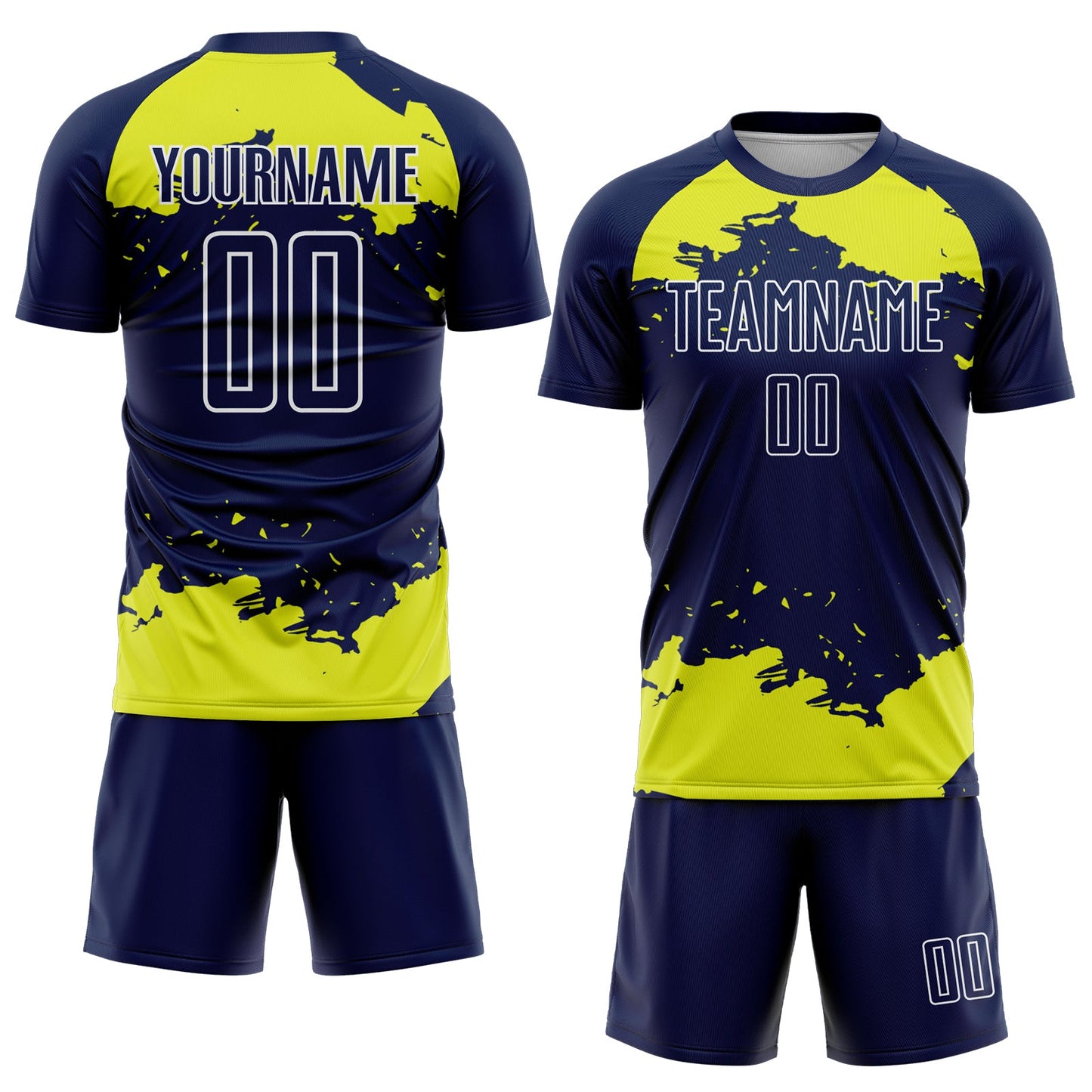 Custom Navy Neon Yellow-White Abstract Fragment Art Sublimation Soccer Uniform Jersey view 2