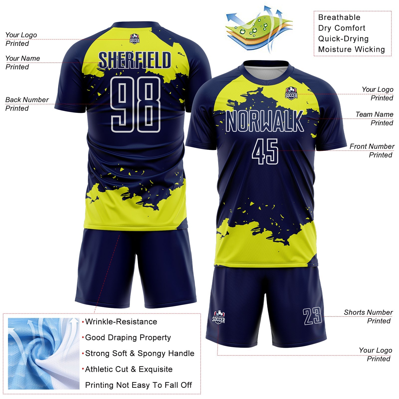 Custom Navy Neon Yellow-White Abstract Fragment Art Sublimation Soccer Uniform Jersey view 4