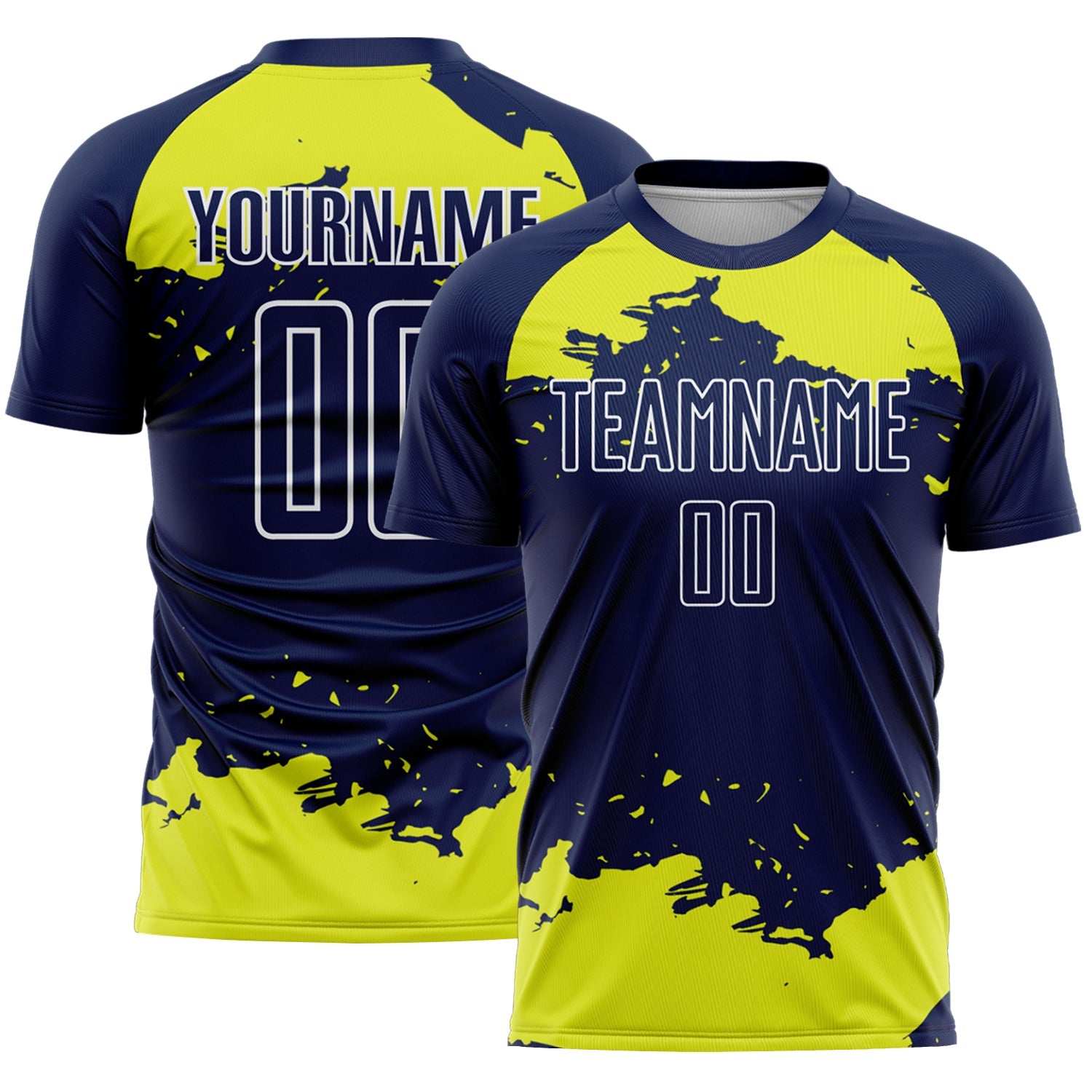 Custom Navy Neon Yellow-White Abstract Fragment Art Sublimation Soccer Uniform Jersey - Main View