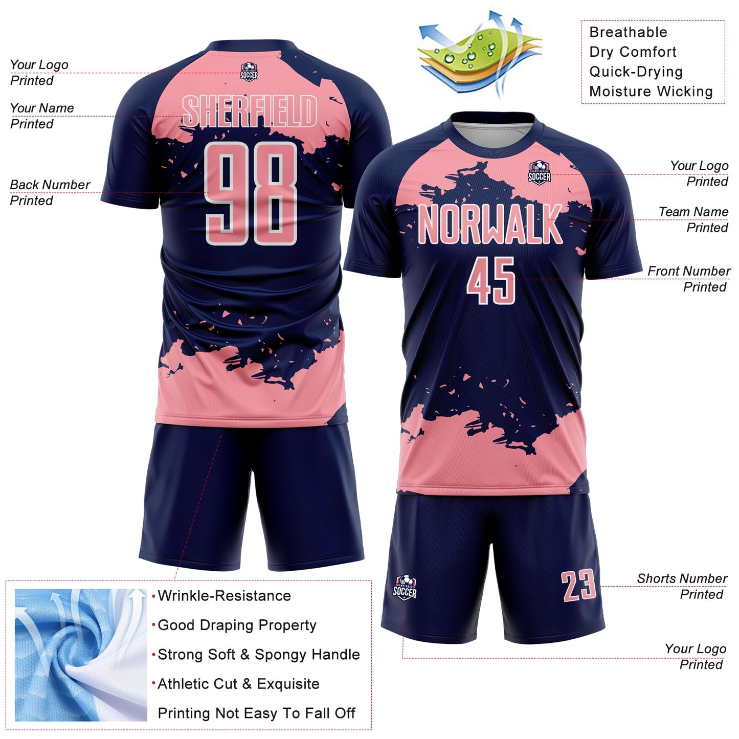 Custom Navy Medium Pink-White Abstract Fragment Art Sublimation Soccer Uniform Jersey view 4