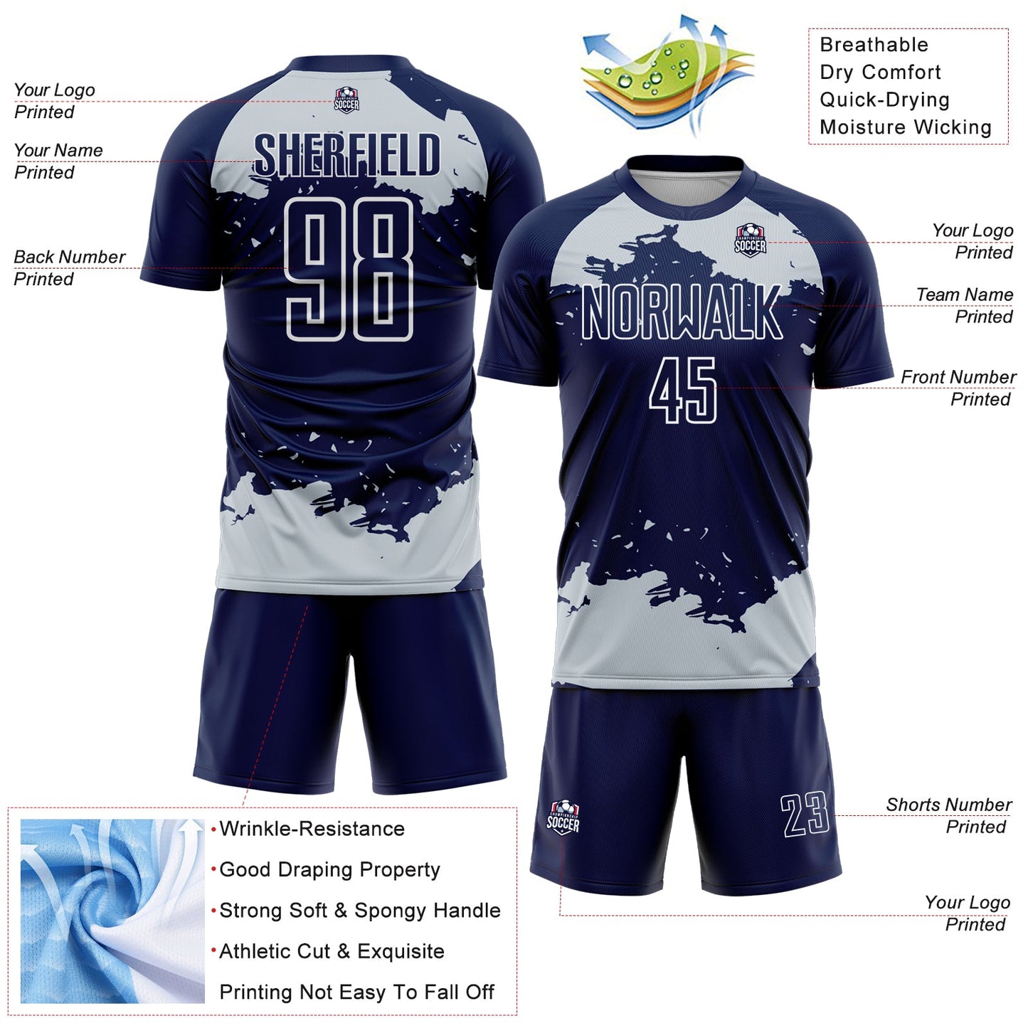Custom Navy Silver-White Abstract Fragment Art Sublimation Soccer Uniform Jersey view 4