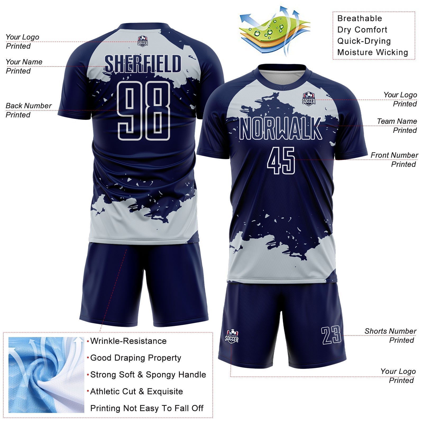 Custom Navy Silver-White Abstract Fragment Art Sublimation Soccer Uniform Jersey view 4