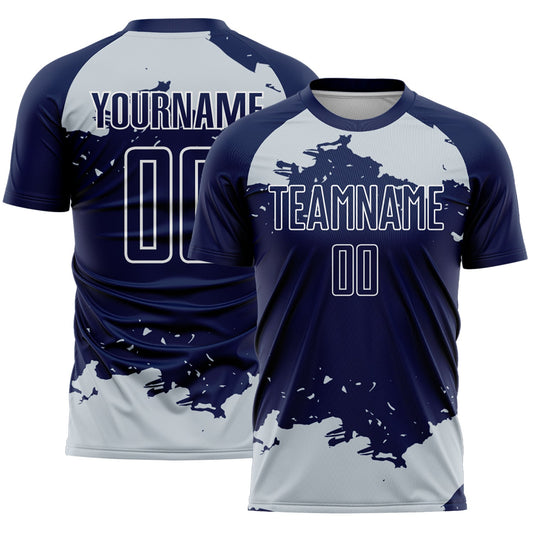 Custom Navy Silver-White Abstract Fragment Art Sublimation Soccer Uniform Jersey - Main View