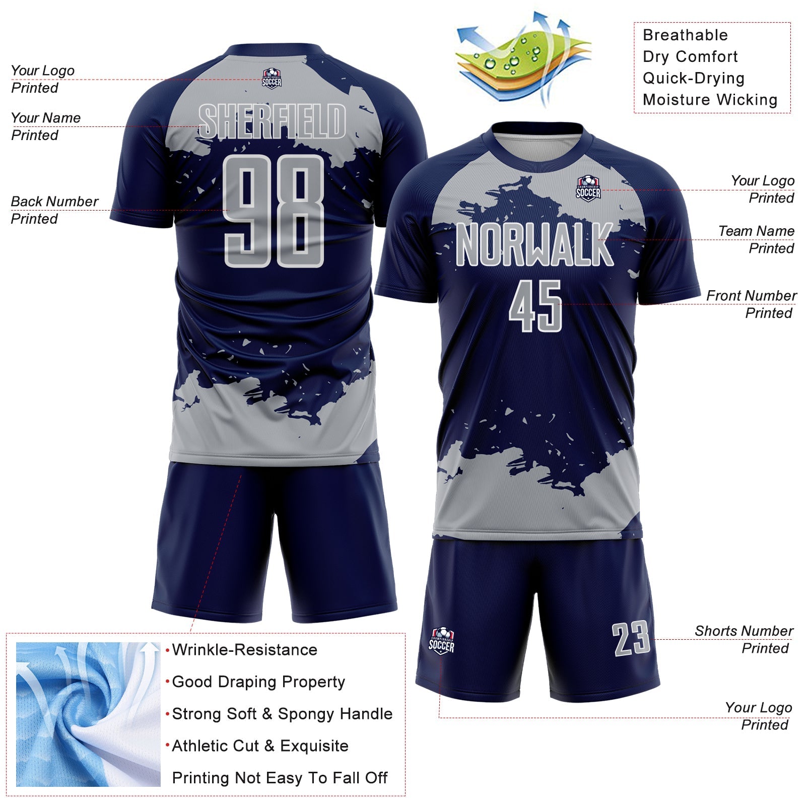 Custom Navy Gray-White Abstract Fragment Art Sublimation Soccer Uniform Jersey view 4