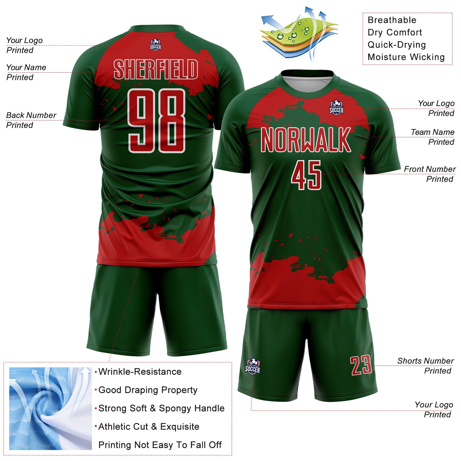 Custom Green Red-White Abstract Fragment Art Sublimation Soccer Uniform Jersey view 4