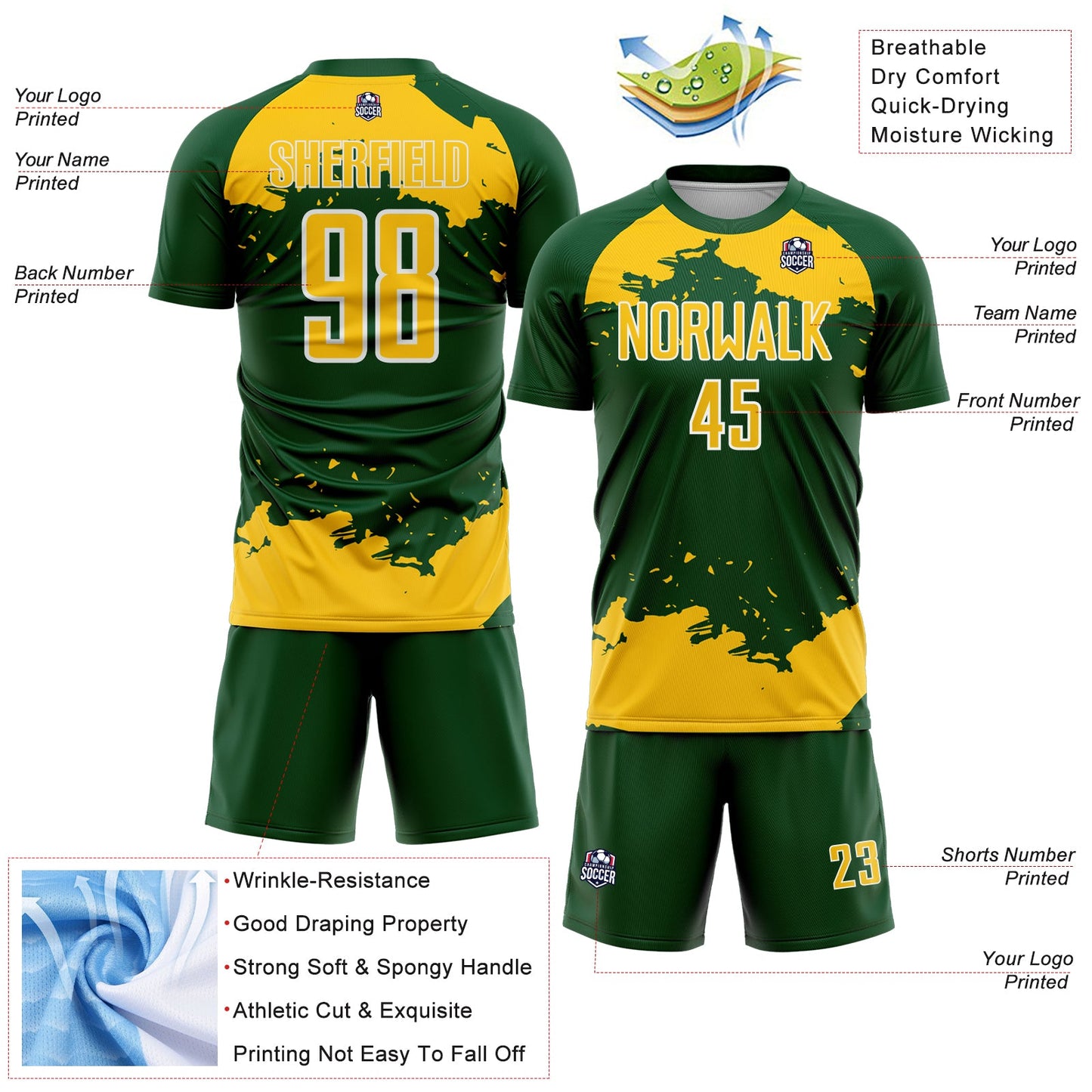 Custom Green Yellow-White Abstract Fragment Art Sublimation Soccer Uniform Jersey view 4