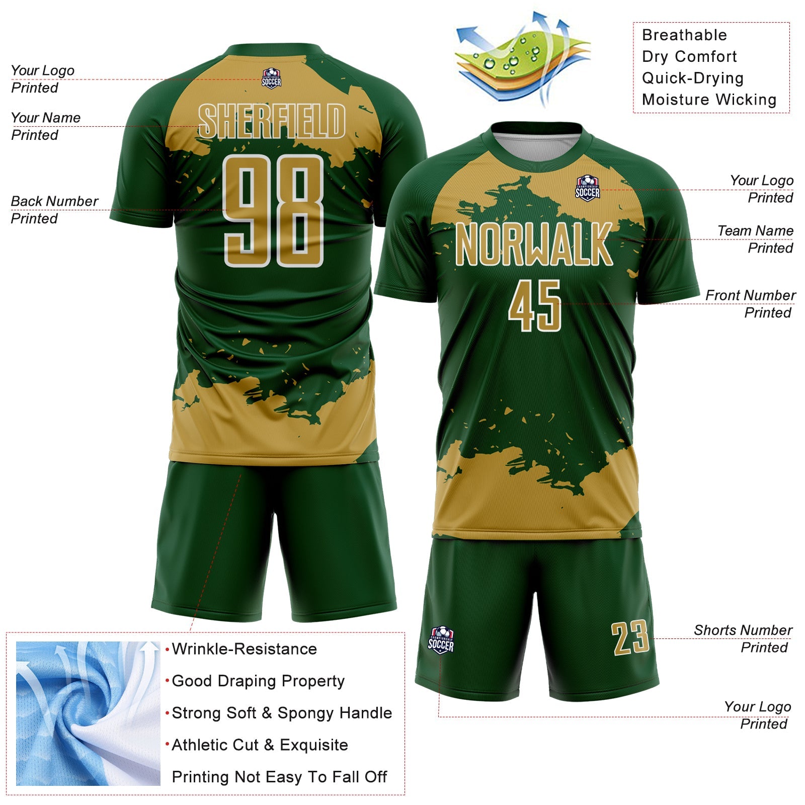 Custom Green Old Gold-White Abstract Fragment Art Sublimation Soccer Uniform Jersey view 4