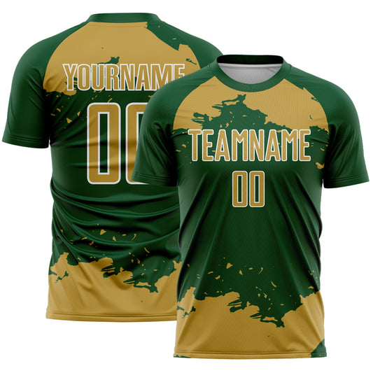 Custom Green Old Gold-White Abstract Fragment Art Sublimation Soccer Uniform Jersey - Main View