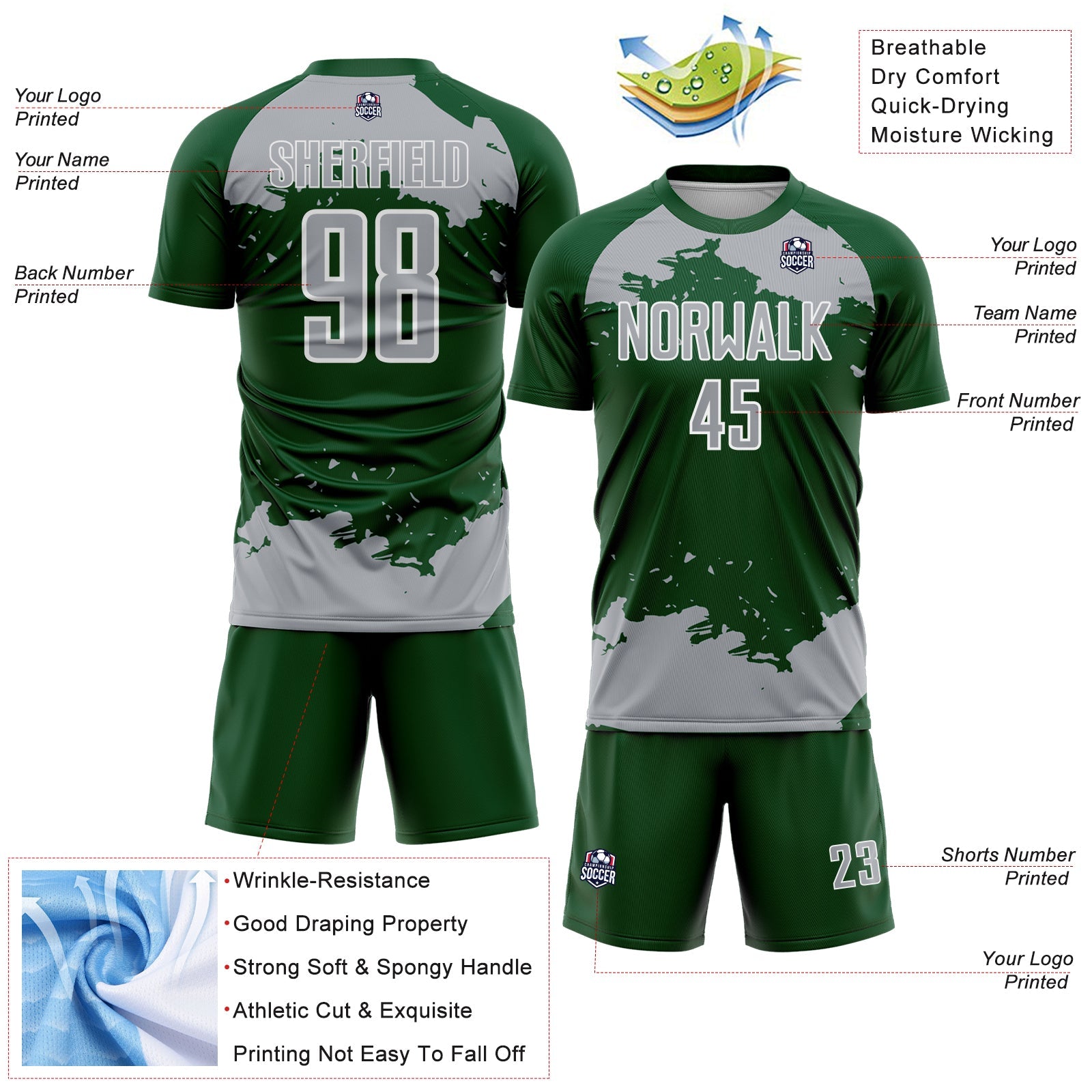 Custom Green Gray-White Abstract Fragment Art Sublimation Soccer Uniform Jersey view 4