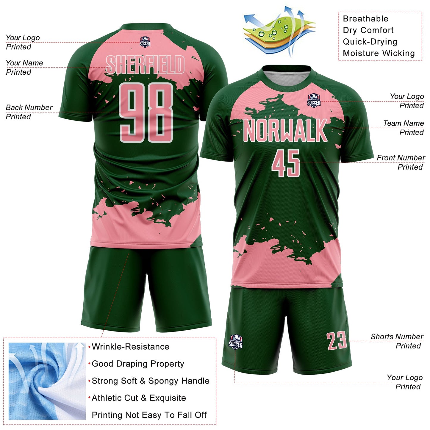 Custom Green Medium Pink-White Abstract Fragment Art Sublimation Soccer Uniform Jersey view 4