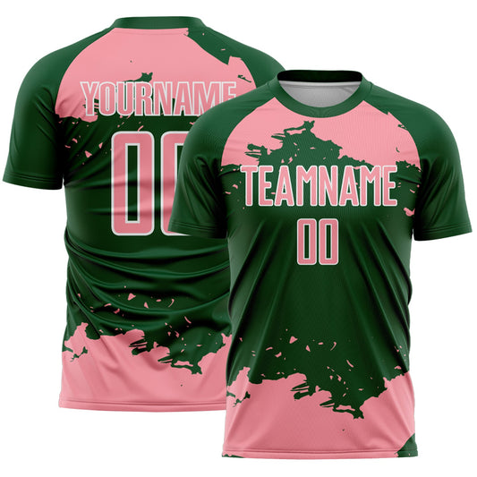 Custom Green Medium Pink-White Abstract Fragment Art Sublimation Soccer Uniform Jersey - Main View