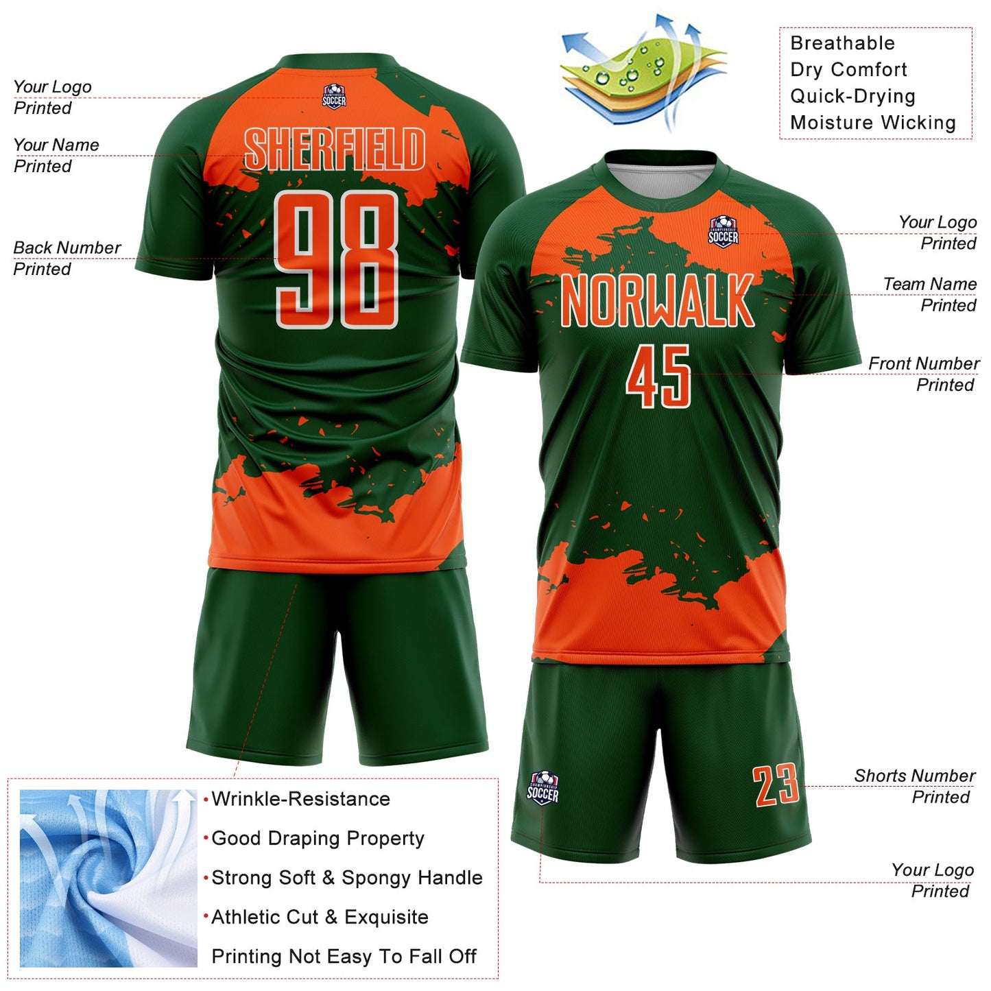 Custom Green Orange-White Abstract Fragment Art Sublimation Soccer Uniform Jersey view 4
