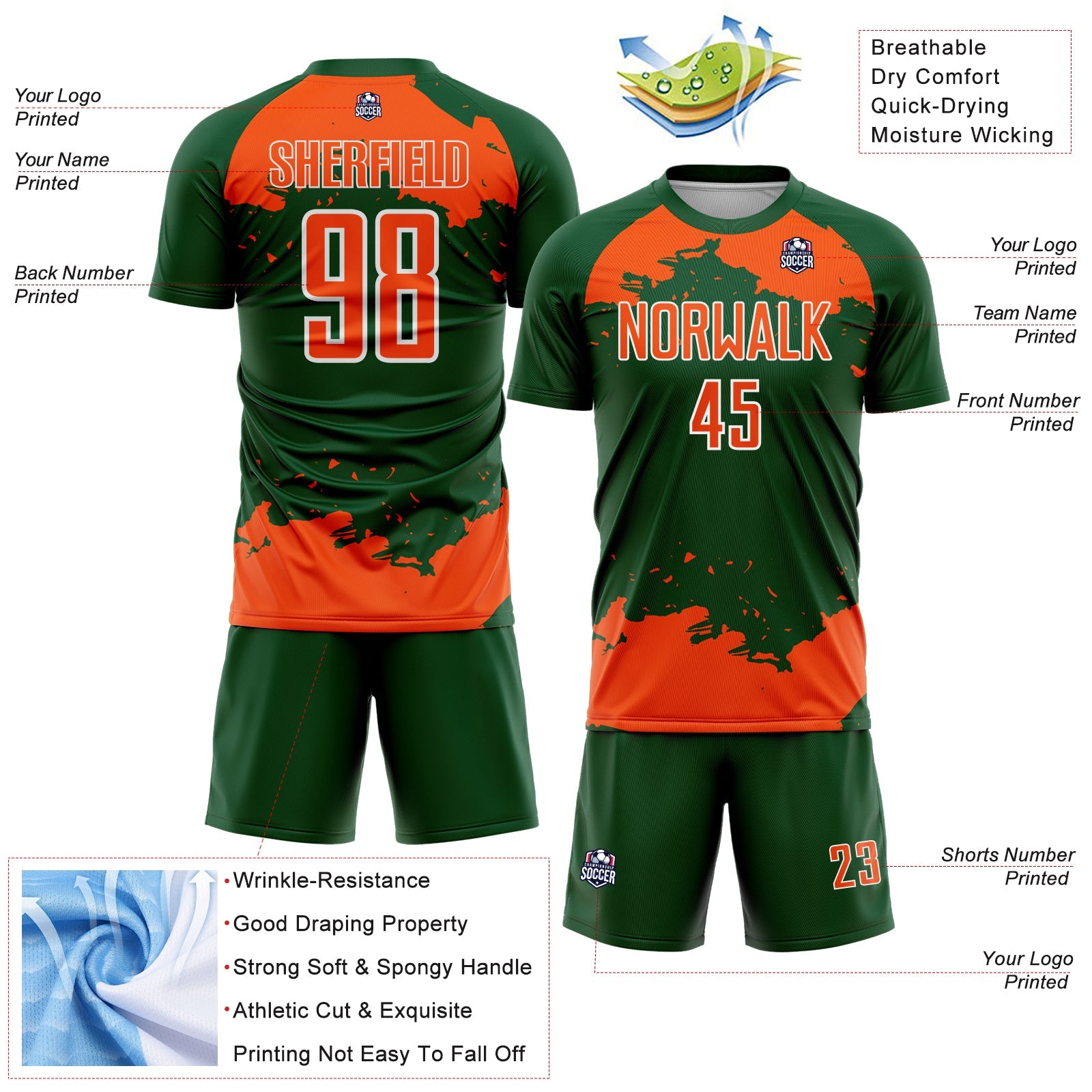 Custom Green Orange-White Abstract Fragment Art Sublimation Soccer Uniform Jersey view 4