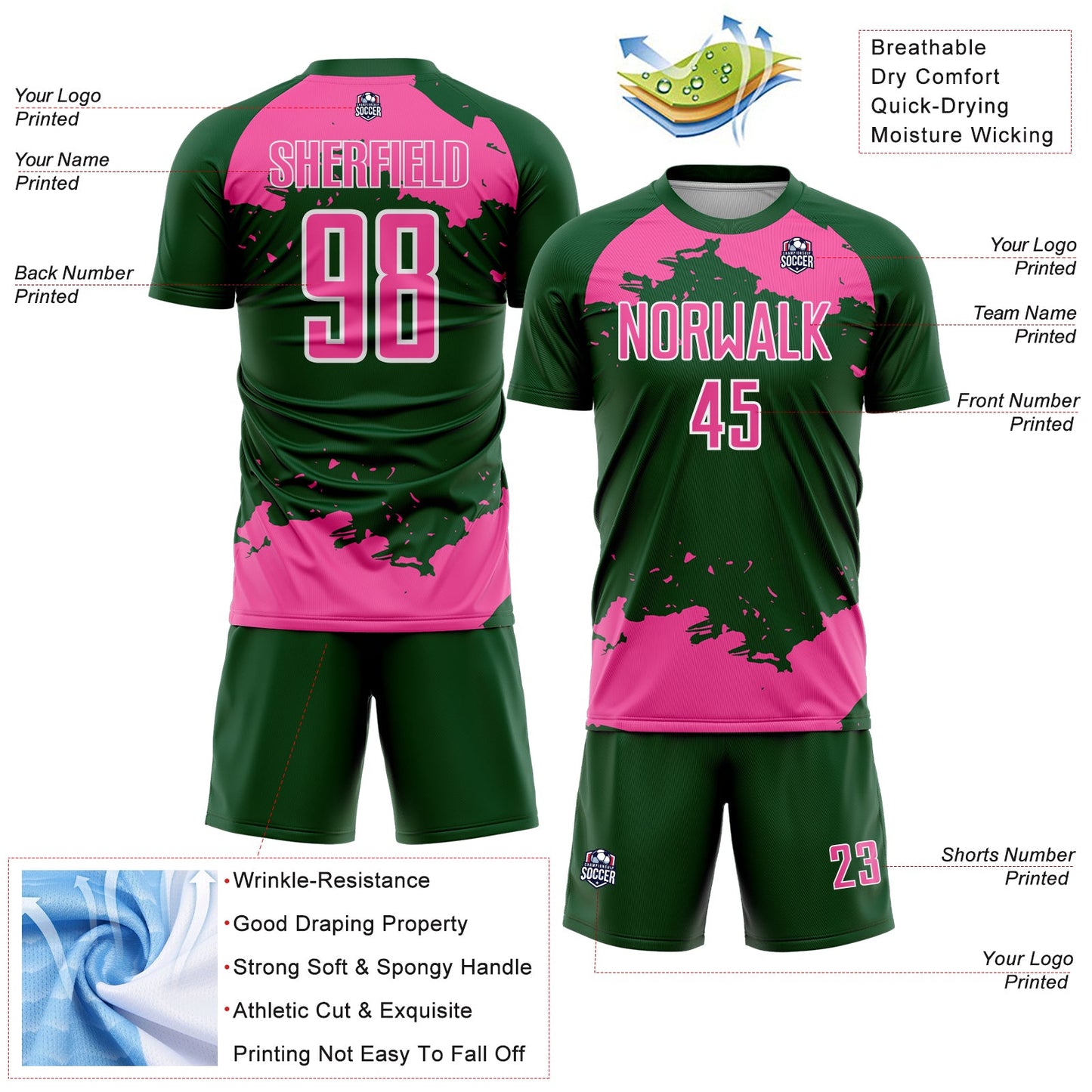 Custom Green Pink-White Abstract Fragment Art Sublimation Soccer Uniform Jersey view 4