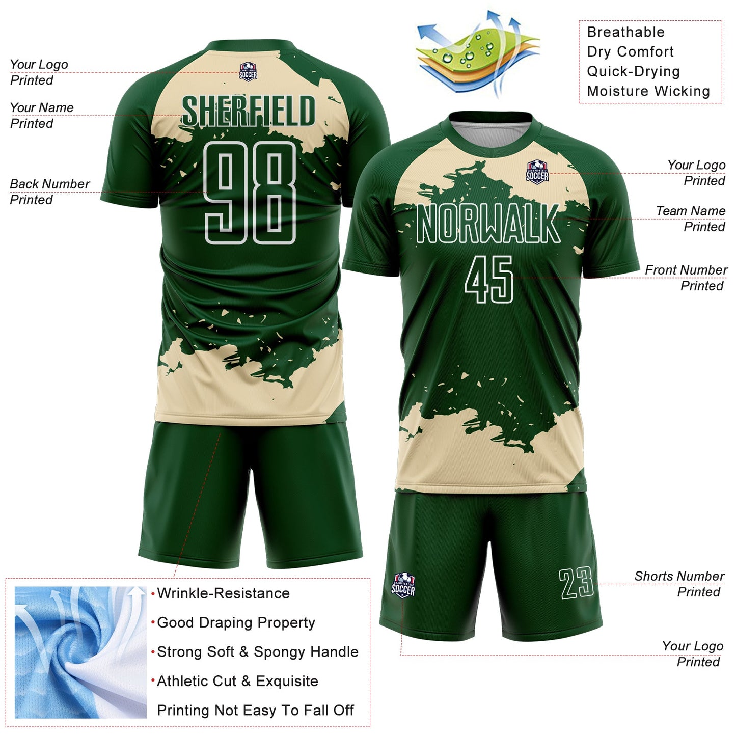 Custom Green Cream-White Abstract Fragment Art Sublimation Soccer Uniform Jersey view 4