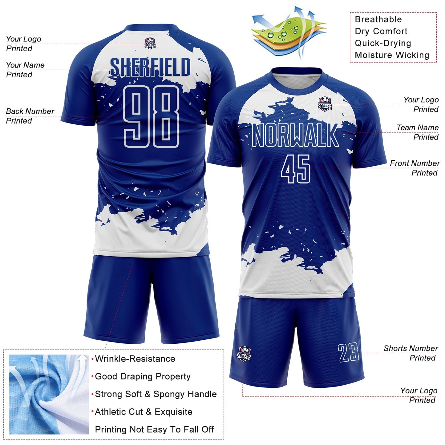 Custom Royal White Abstract Fragment Art Sublimation Soccer Uniform Jersey view 4