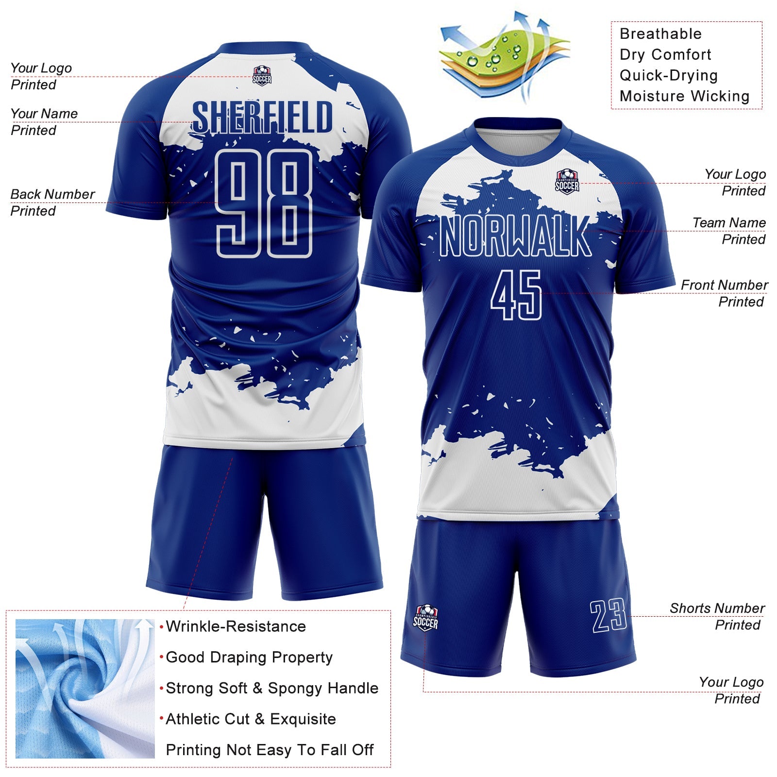 Custom Royal White Abstract Fragment Art Sublimation Soccer Uniform Jersey view 4