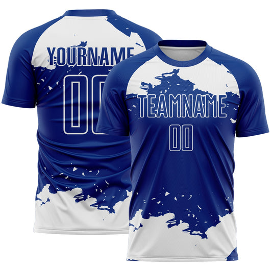 Custom Royal White Abstract Fragment Art Sublimation Soccer Uniform Jersey - Main View