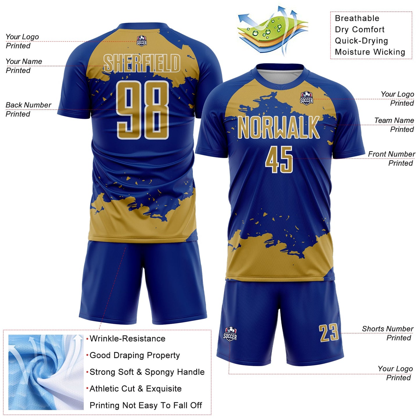Custom Royal Old Gold-White Abstract Fragment Art Sublimation Soccer Uniform Jersey view 4