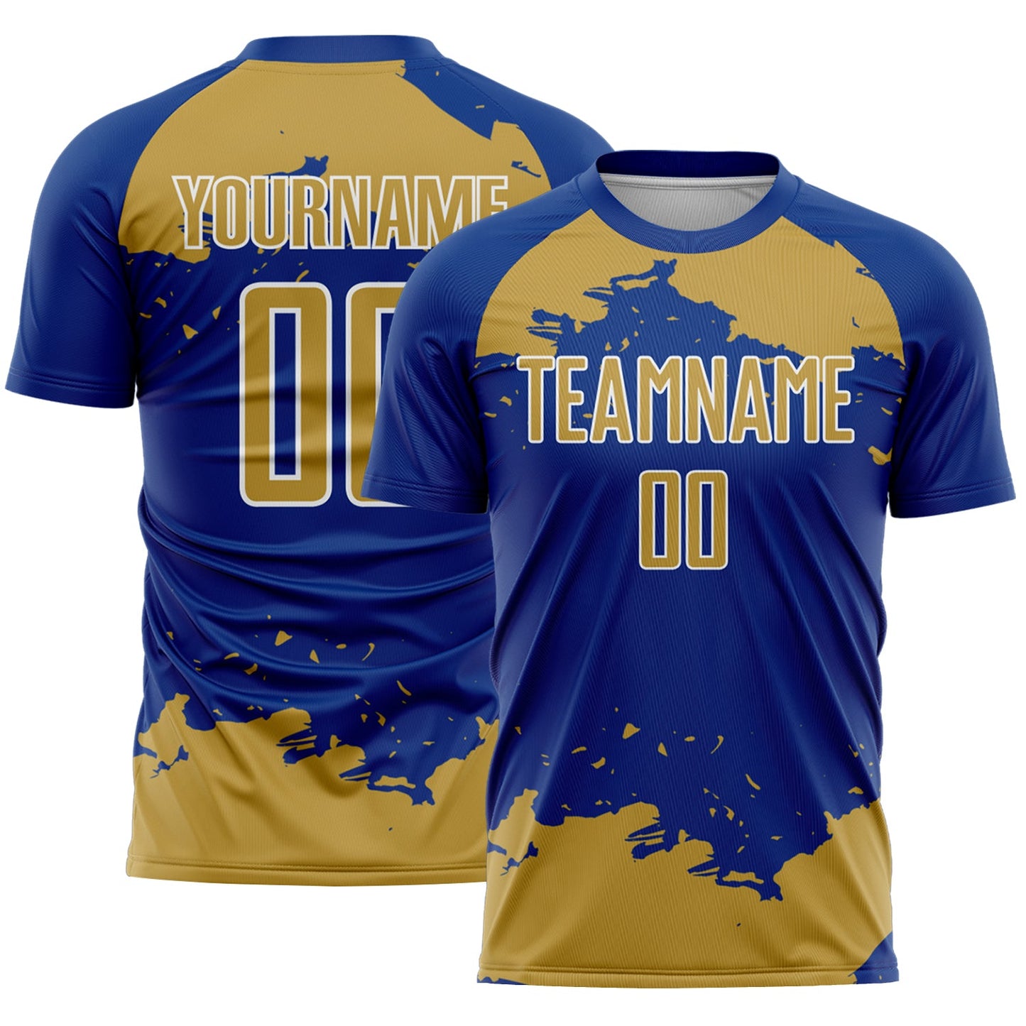 Custom Royal Old Gold-White Abstract Fragment Art Sublimation Soccer Uniform Jersey - Main View