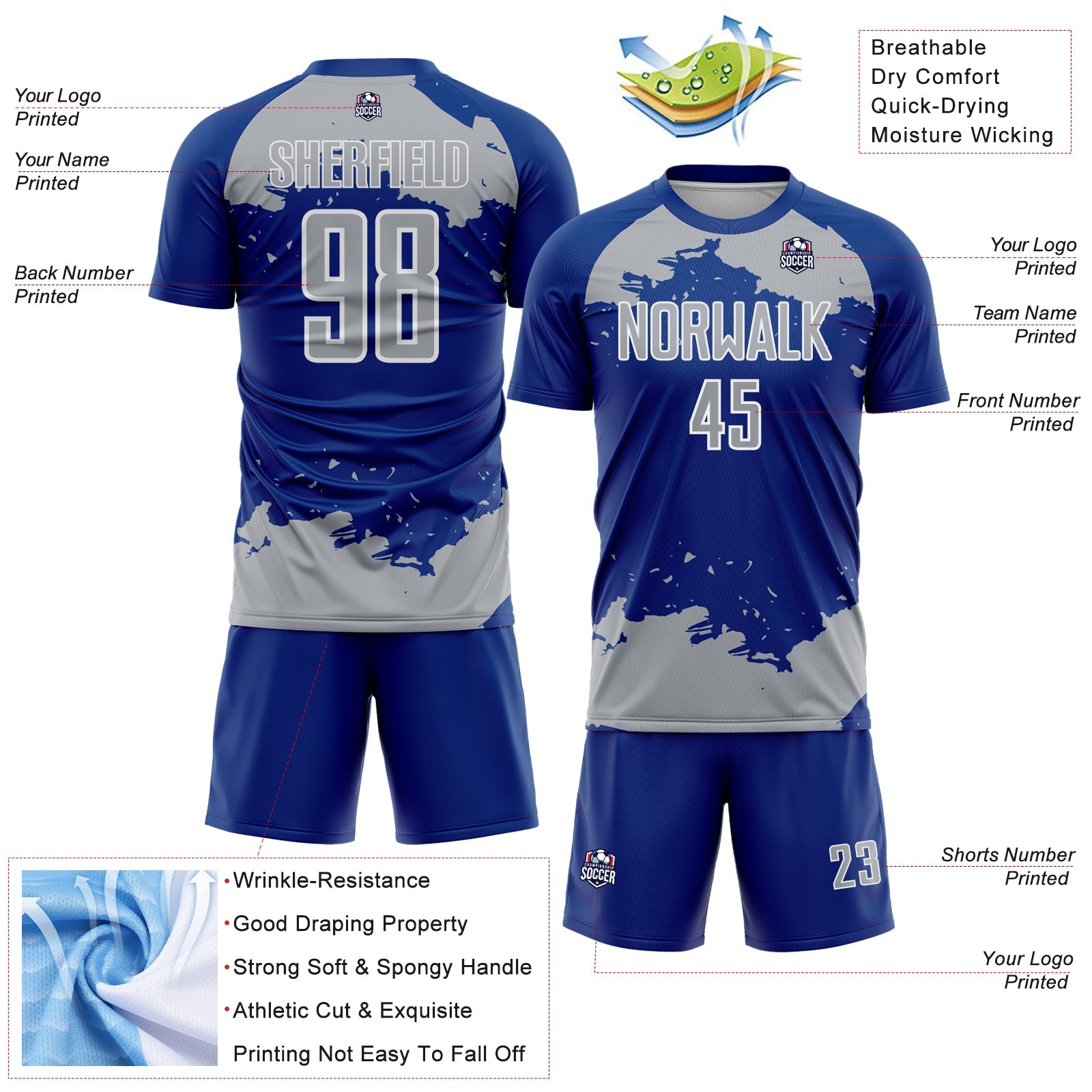 Custom Royal Gray-White Abstract Fragment Art Sublimation Soccer Uniform Jersey view 4