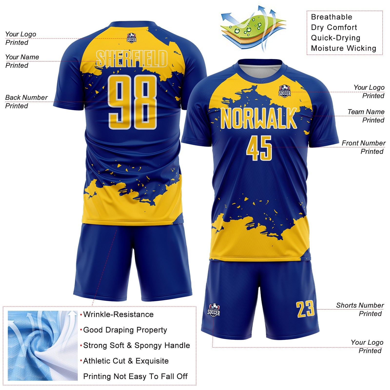 Custom Royal Yellow-White Abstract Fragment Art Sublimation Soccer Uniform Jersey view 4