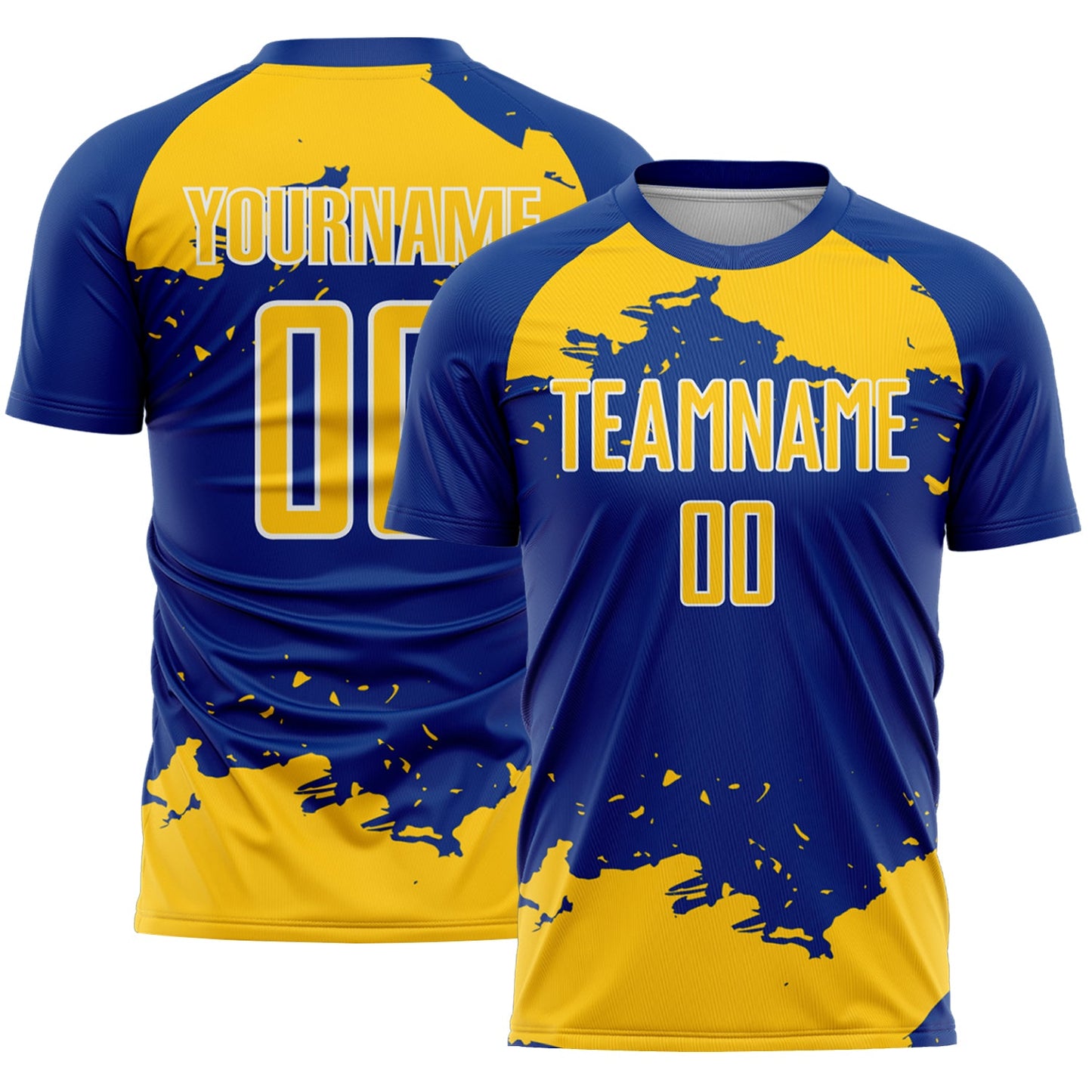 Custom Royal Yellow-White Abstract Fragment Art Sublimation Soccer Uniform Jersey - Main View