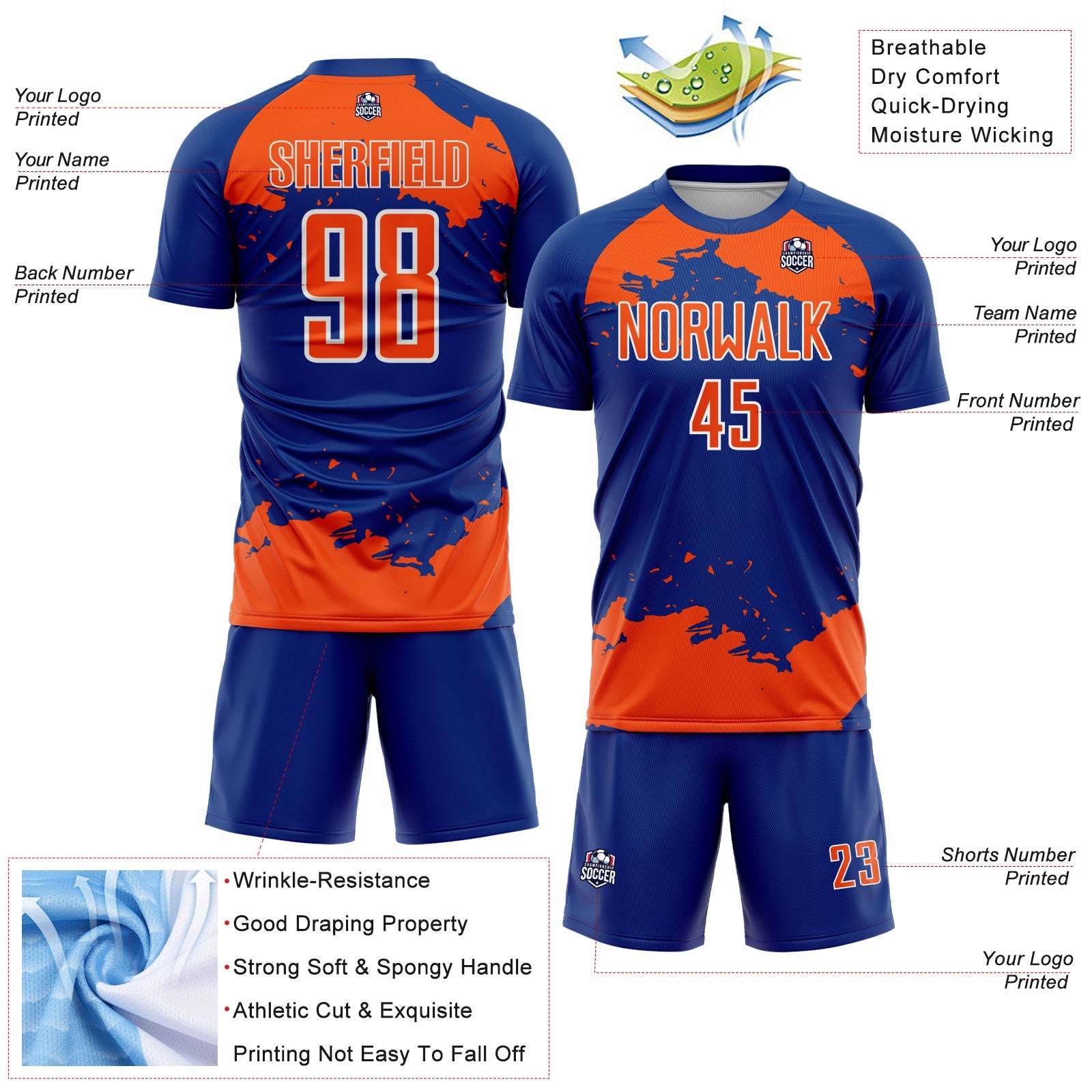 Custom Royal Orange-White Abstract Fragment Art Sublimation Soccer Uniform Jersey view 4