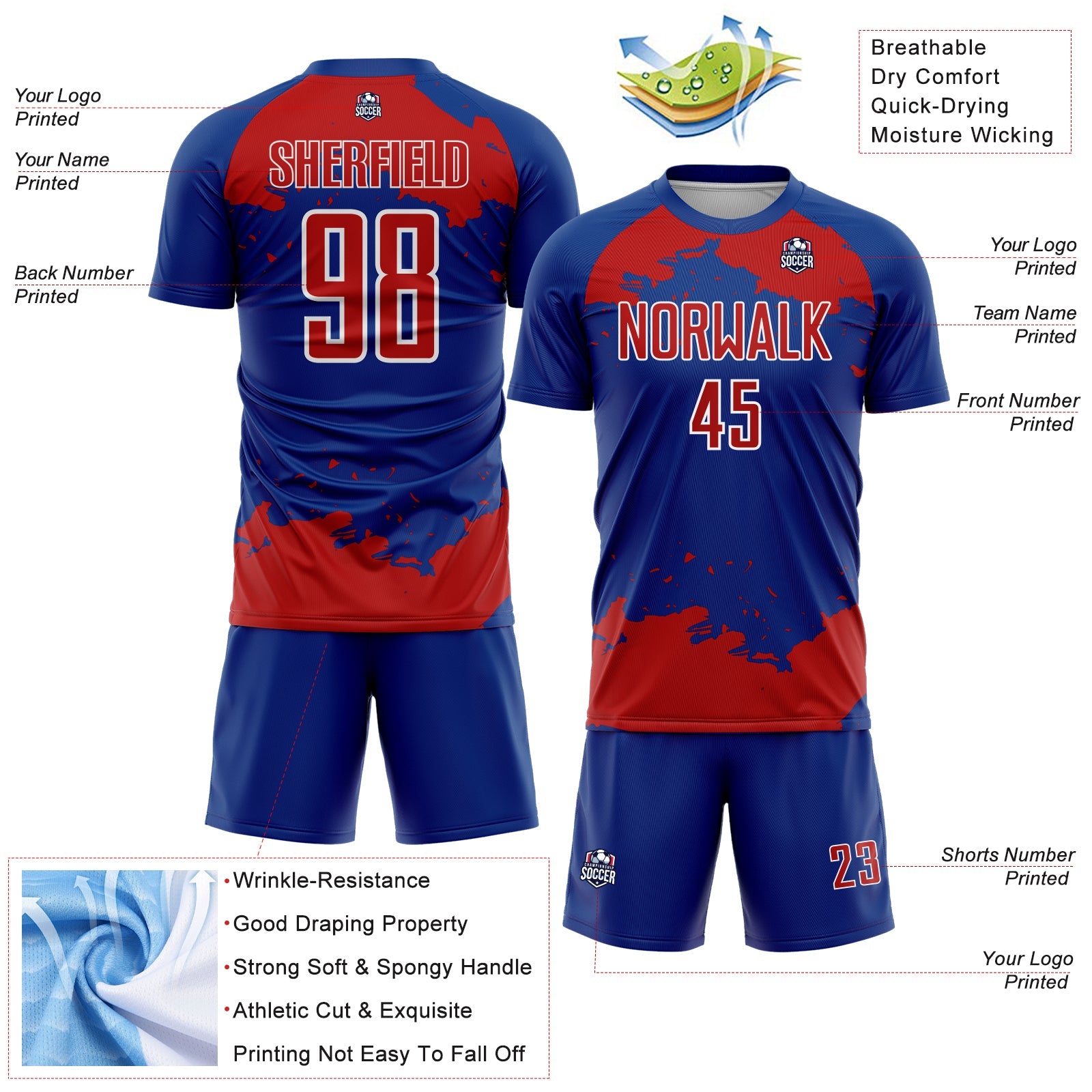 Custom Royal Red-White Abstract Fragment Art Sublimation Soccer Uniform Jersey view 4