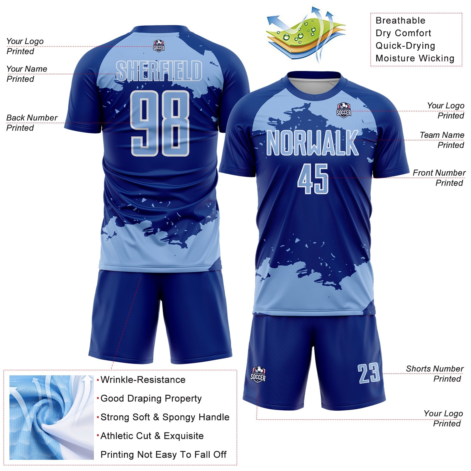 Custom Royal Light Blue-White Abstract Fragment Art Sublimation Soccer Uniform Jersey view 4
