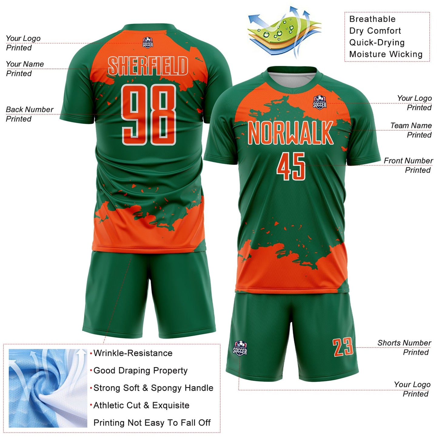 Custom Kelly Green Orange-White Abstract Fragment Art Sublimation Soccer Uniform Jersey view 4