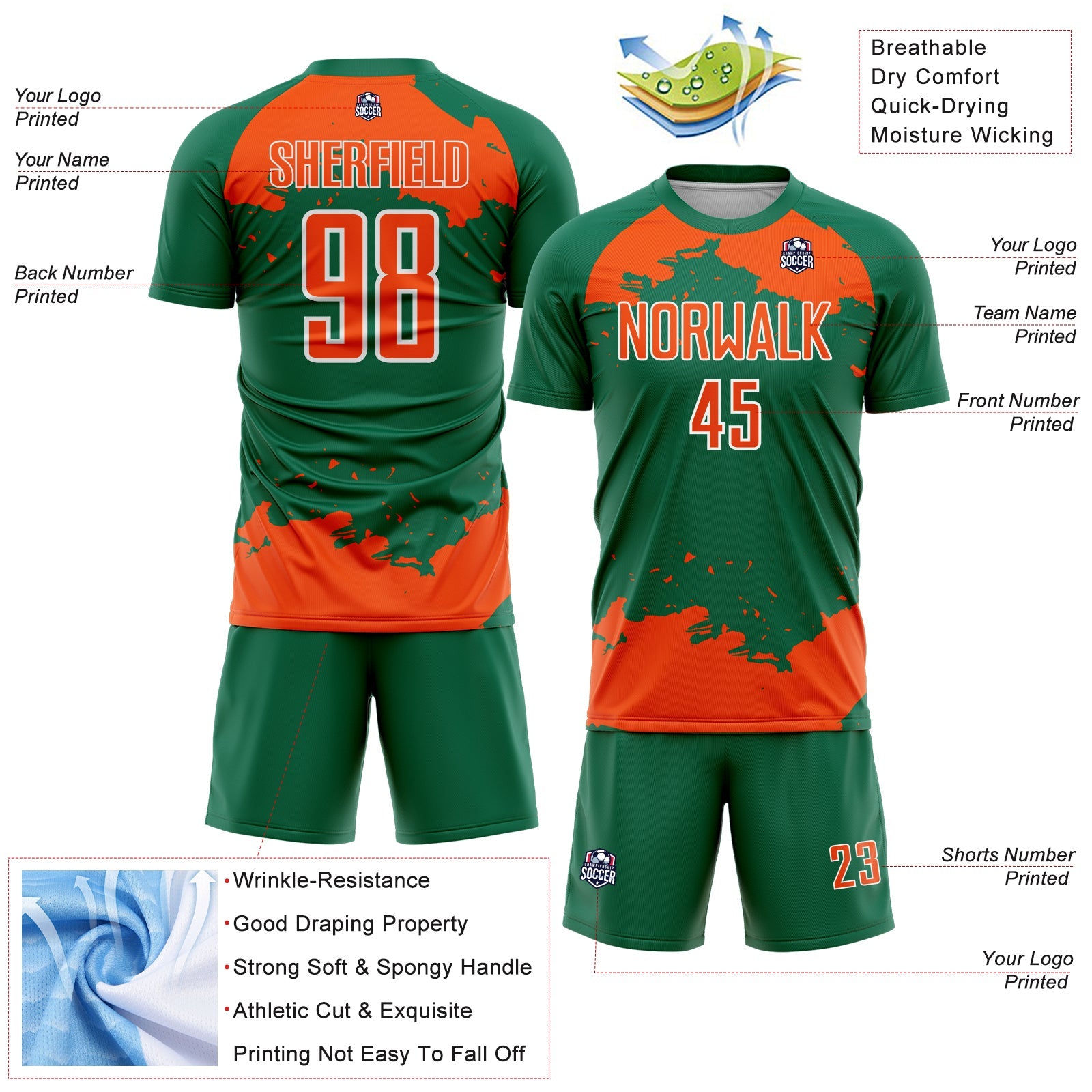Custom Kelly Green Orange-White Abstract Fragment Art Sublimation Soccer Uniform Jersey view 4