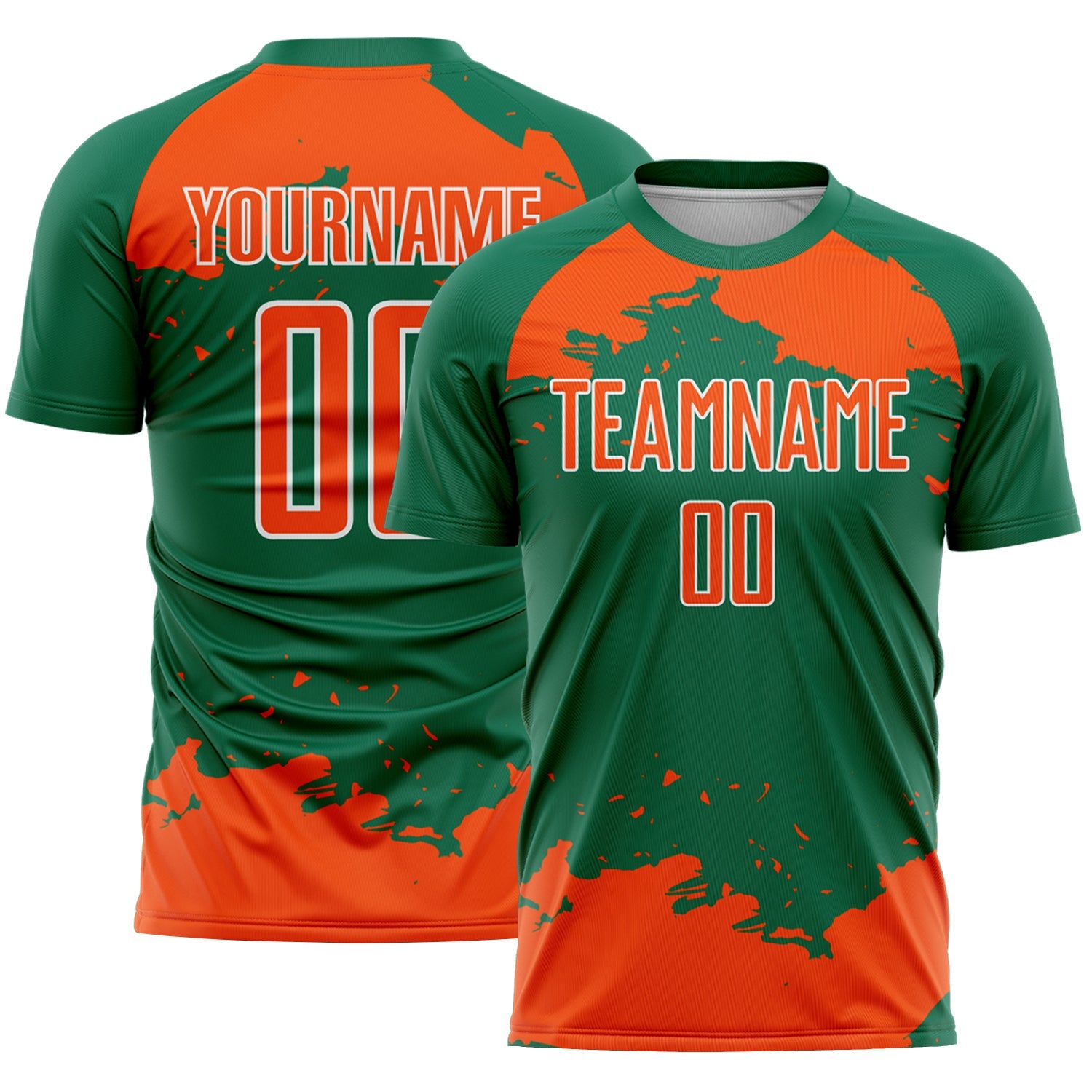 Custom Kelly Green Orange-White Abstract Fragment Art Sublimation Soccer Uniform Jersey - Main View