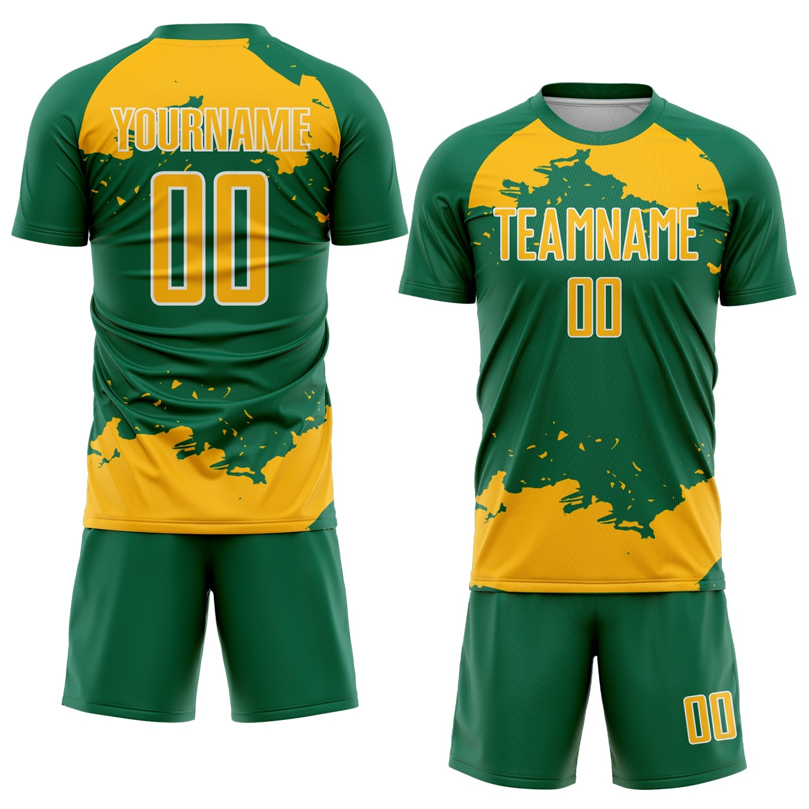 Custom Kelly Green Gold-White Abstract Fragment Art Sublimation Soccer Uniform Jersey view 2