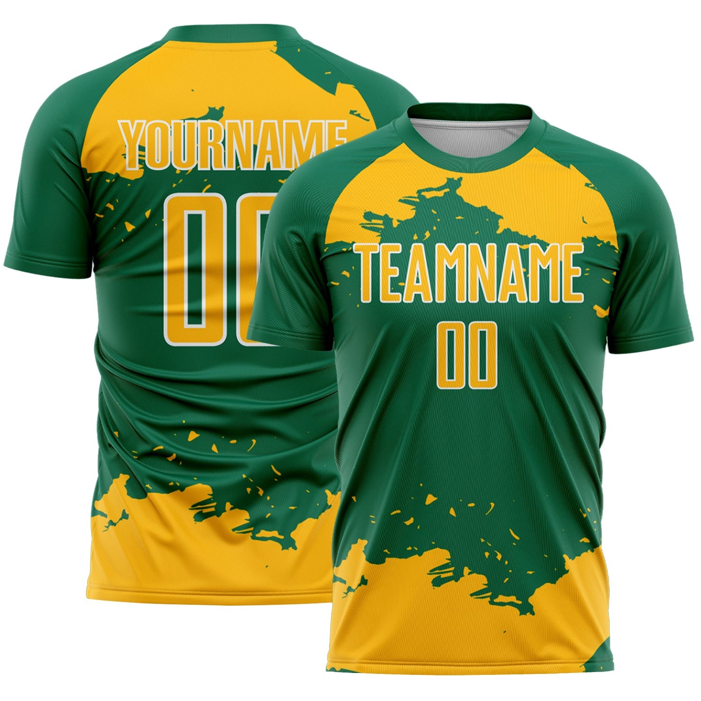 Custom Kelly Green Gold-White Abstract Fragment Art Sublimation Soccer Uniform Jersey - Main View
