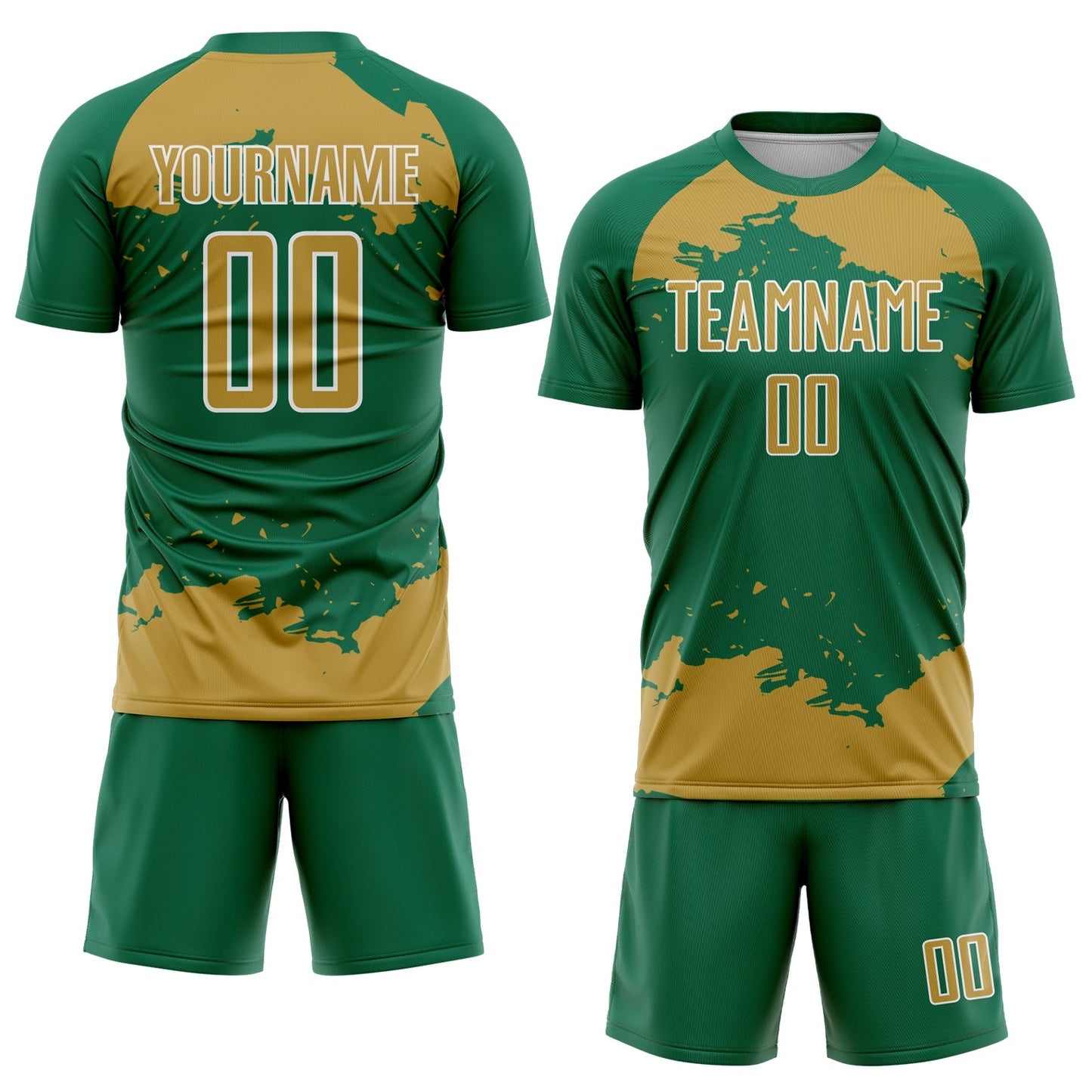 Custom Kelly Green Old Gold-White Abstract Fragment Art Sublimation Soccer Uniform Jersey view 2