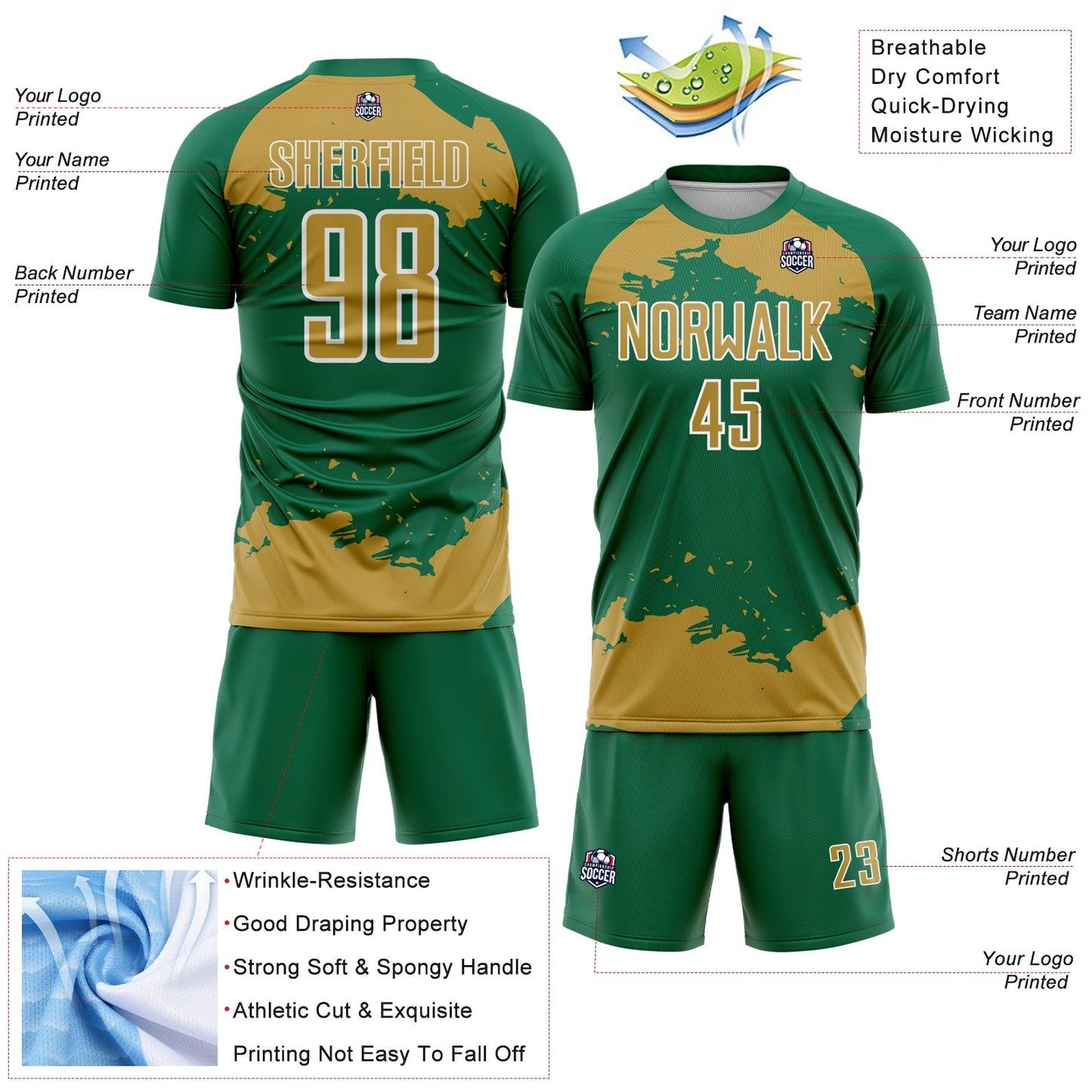 Custom Kelly Green Old Gold-White Abstract Fragment Art Sublimation Soccer Uniform Jersey view 4