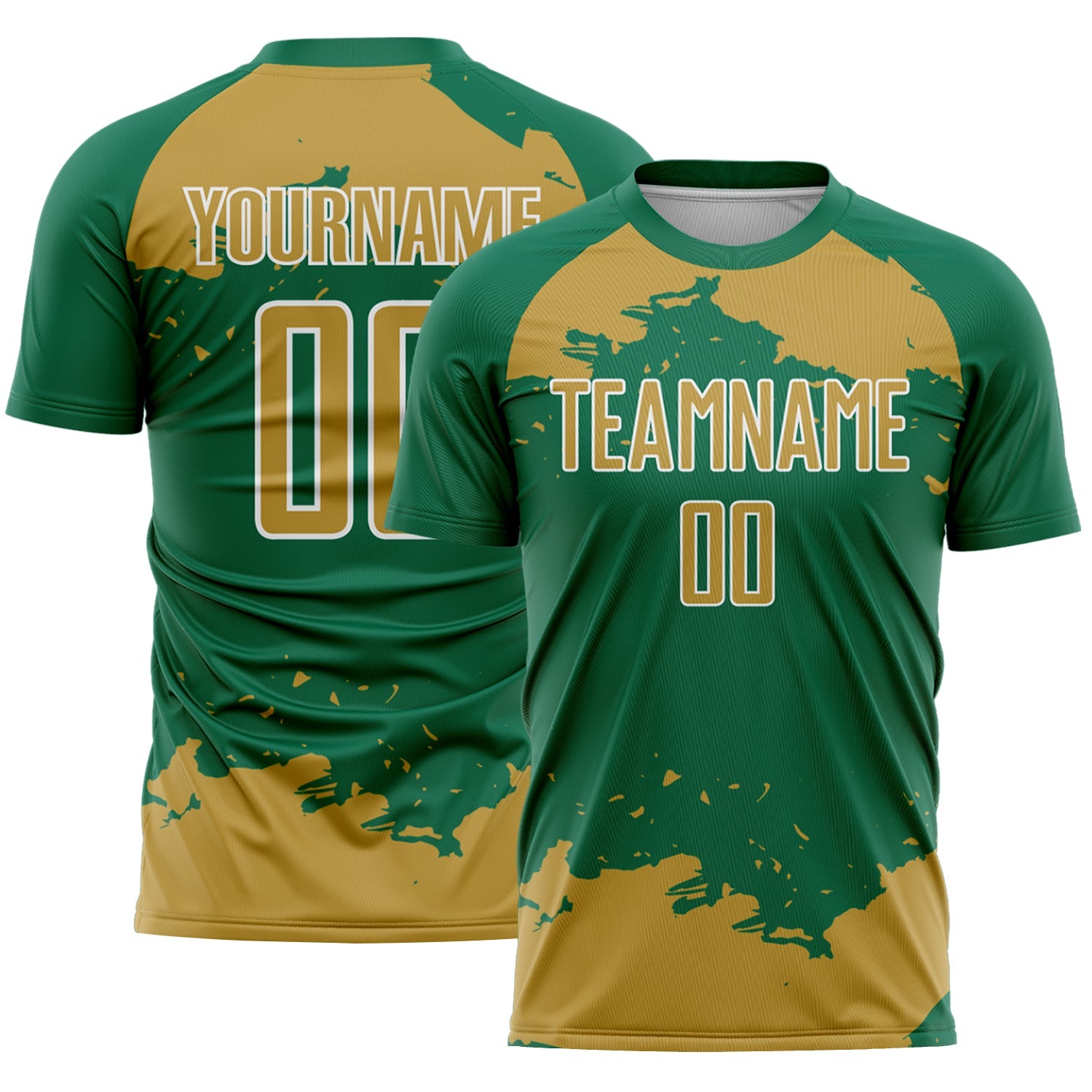 Custom Kelly Green Old Gold-White Abstract Fragment Art Sublimation Soccer Uniform Jersey - Main View