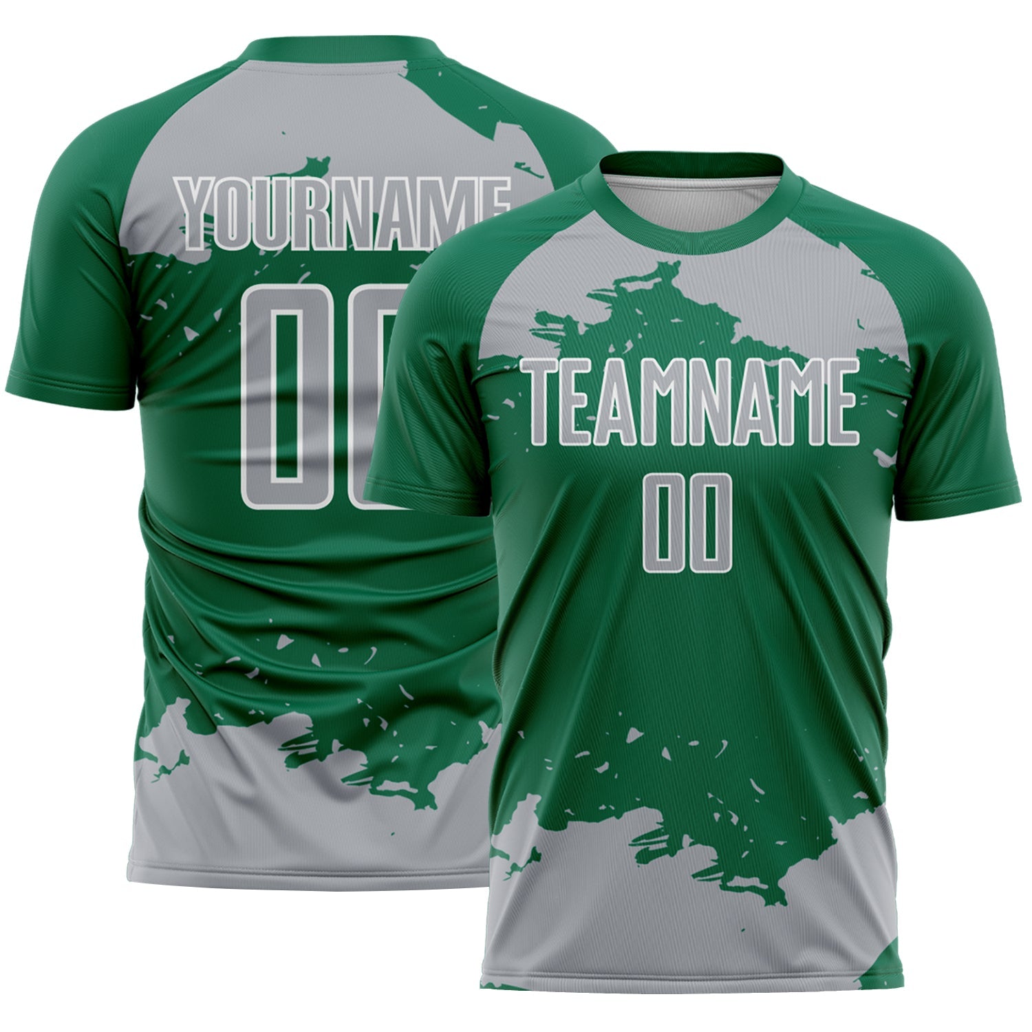 Custom Kelly Green Gray-White Abstract Fragment Art Sublimation Soccer Uniform Jersey - Main View