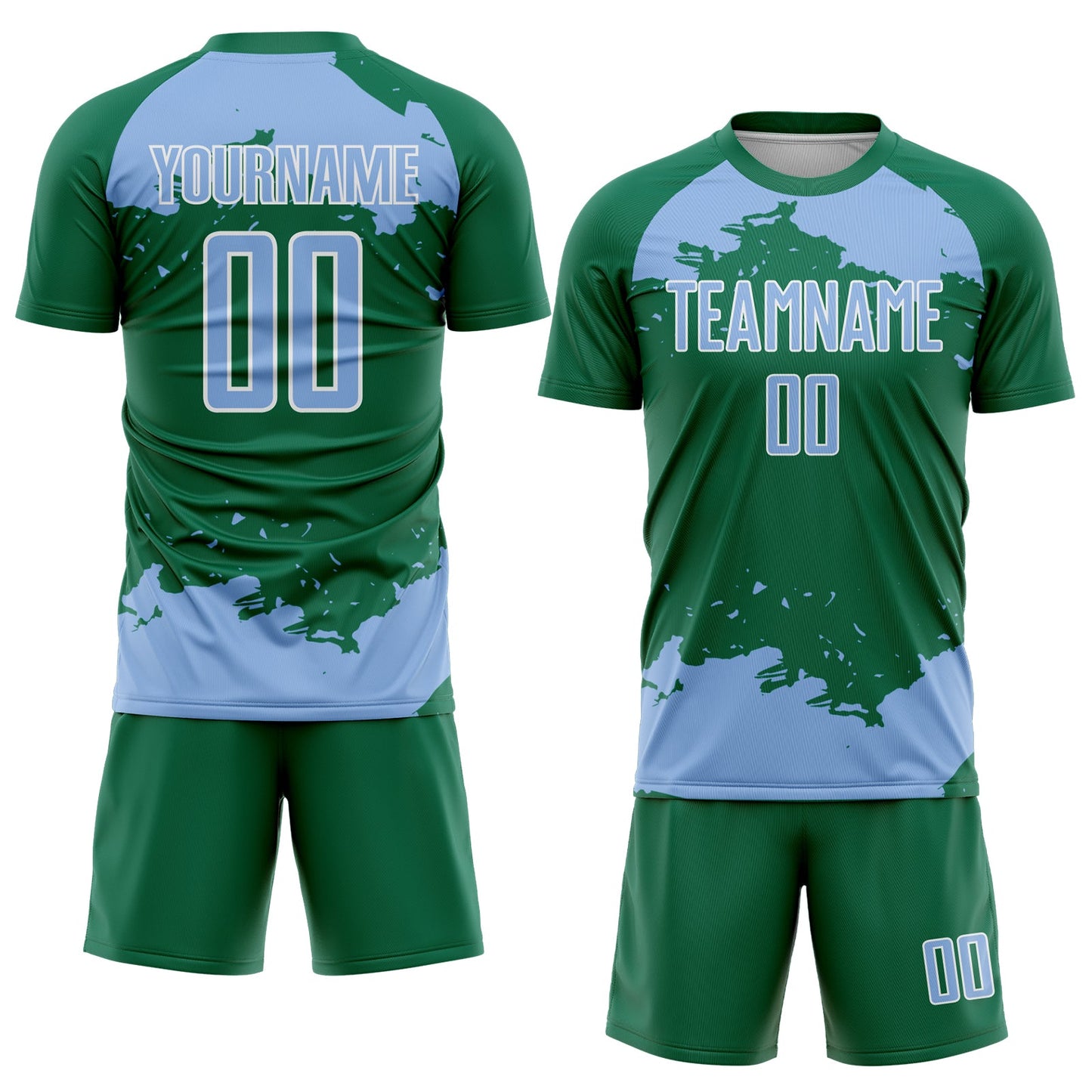 Custom Kelly Green Light Blue-White Abstract Fragment Art Sublimation Soccer Uniform Jersey view 2