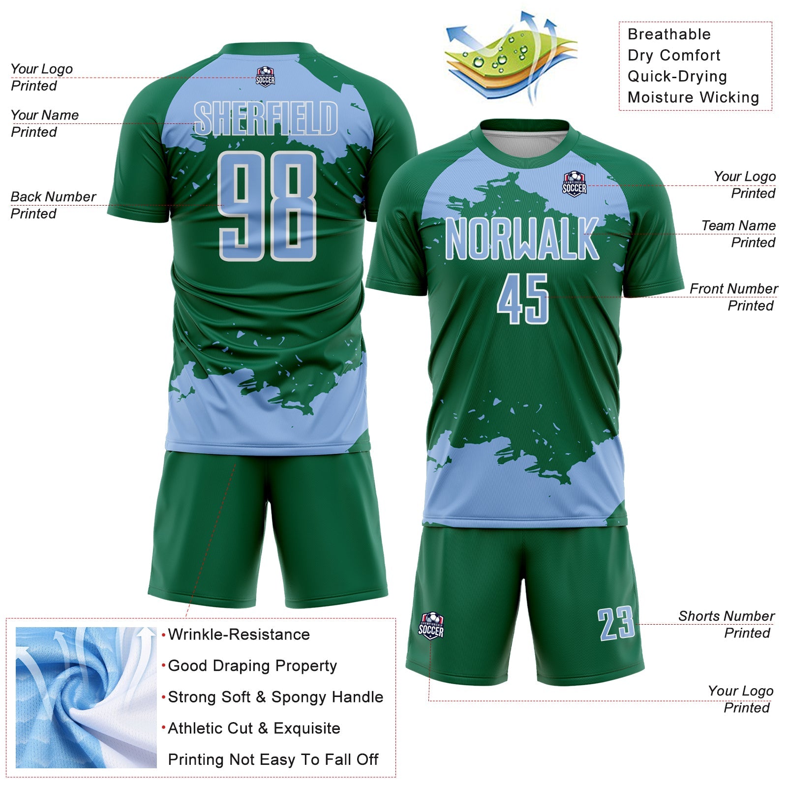 Custom Kelly Green Light Blue-White Abstract Fragment Art Sublimation Soccer Uniform Jersey view 4