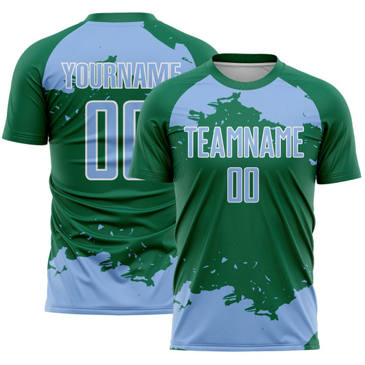 Custom Kelly Green Light Blue-White Abstract Fragment Art Sublimation Soccer Uniform Jersey - Main View