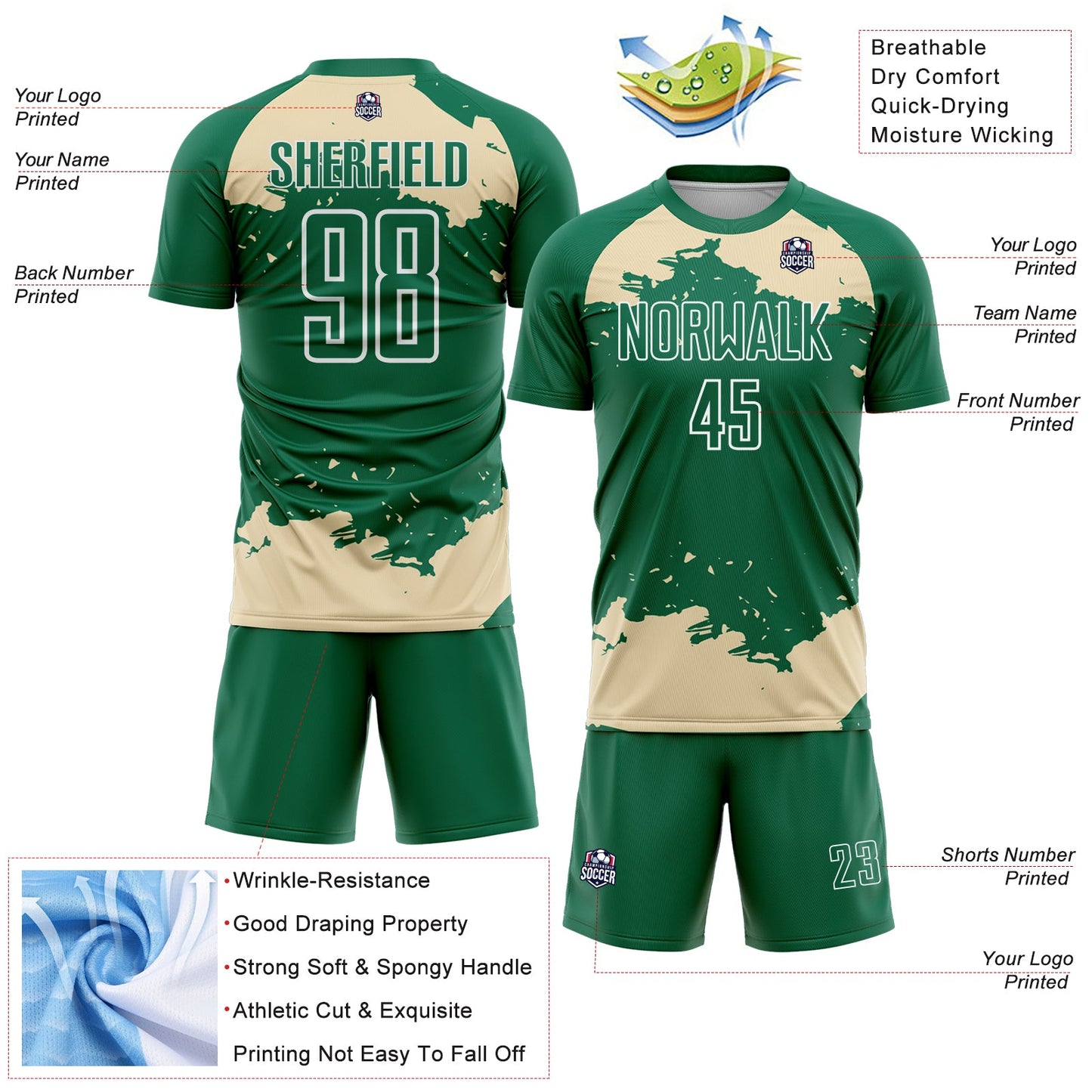 Custom Kelly Green Cream-White Abstract Fragment Art Sublimation Soccer Uniform Jersey view 4
