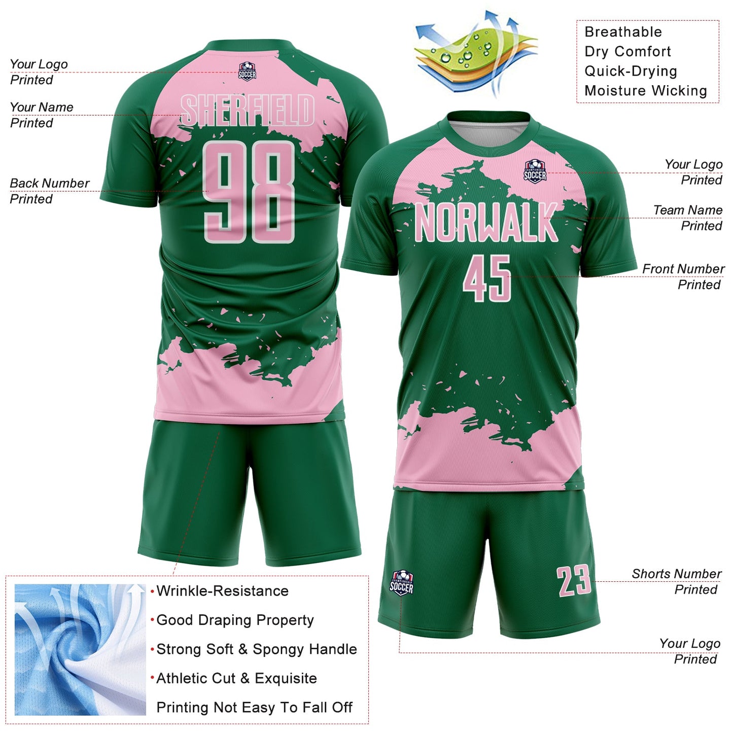 Custom Kelly Green Light Pink-White Abstract Fragment Art Sublimation Soccer Uniform Jersey view 4