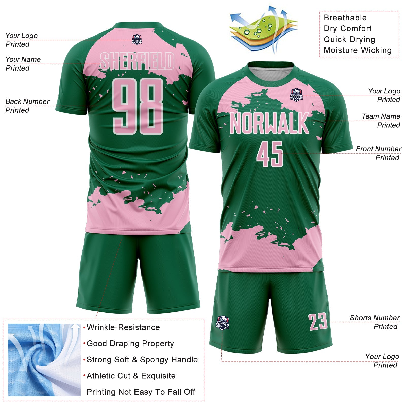 Custom Kelly Green Light Pink-White Abstract Fragment Art Sublimation Soccer Uniform Jersey view 4