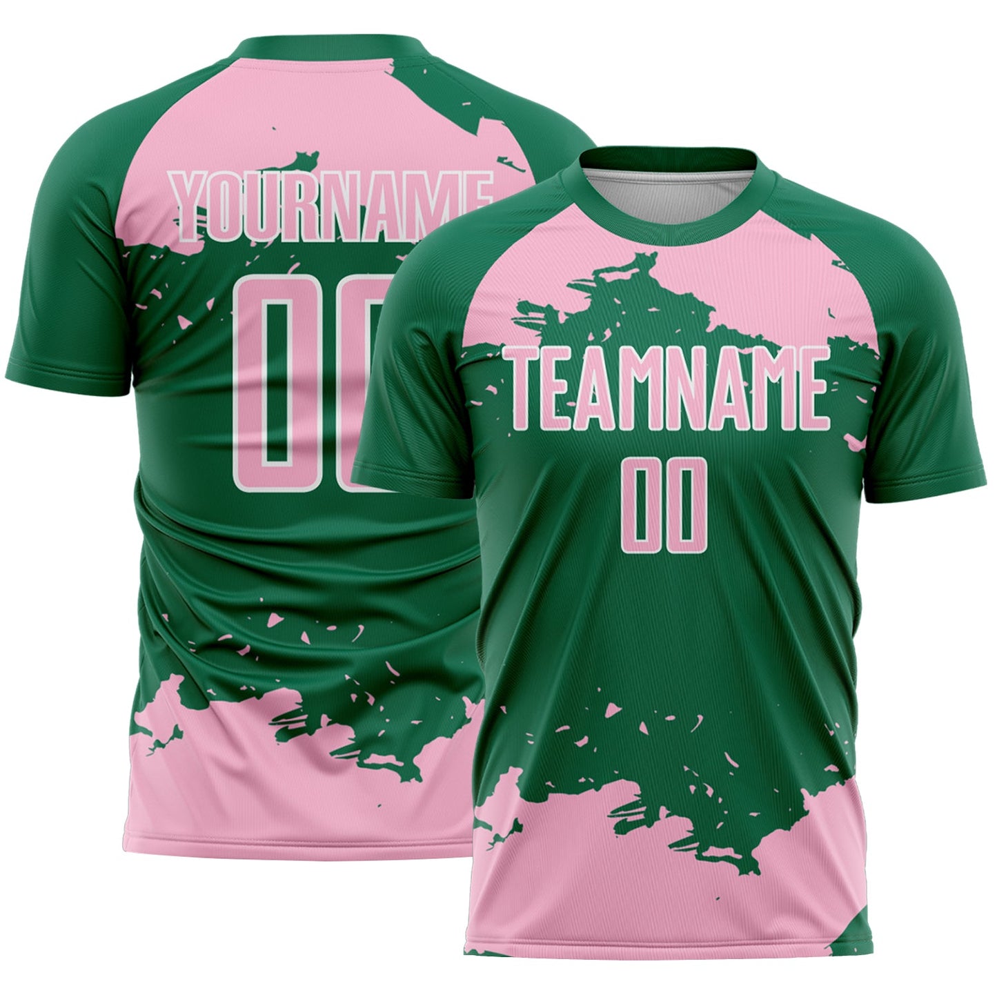 Custom Kelly Green Light Pink-White Abstract Fragment Art Sublimation Soccer Uniform Jersey - Main View
